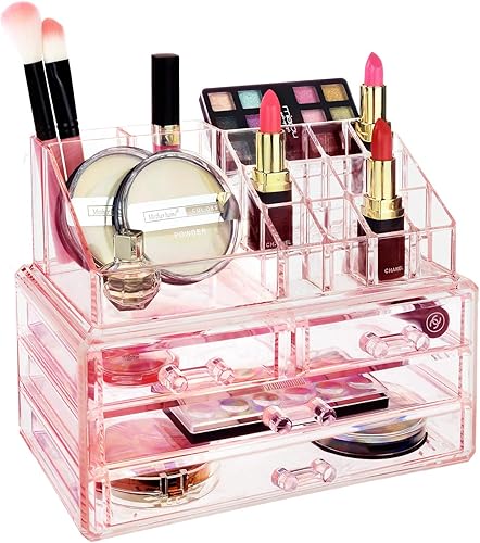 Miniatura 3 de Ikee Design Juego de dos cajas de exhibición de almacenamiento rosa para joyas y cosméticos, organizador de joyas cosméticos rosa, soporte de