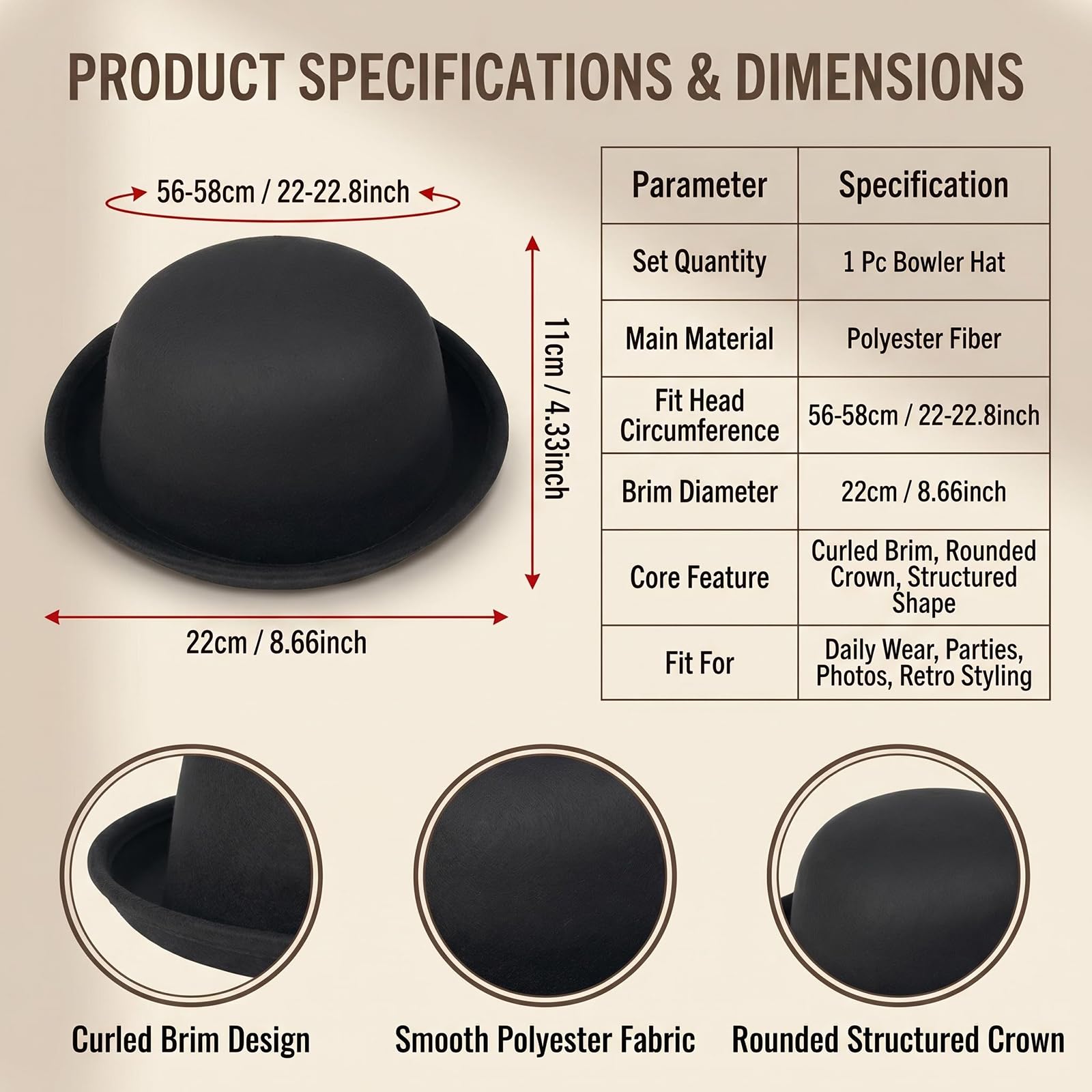 Chapeau melon Derby noir vintage à bord roulé pour homme et femme 56-58 cm