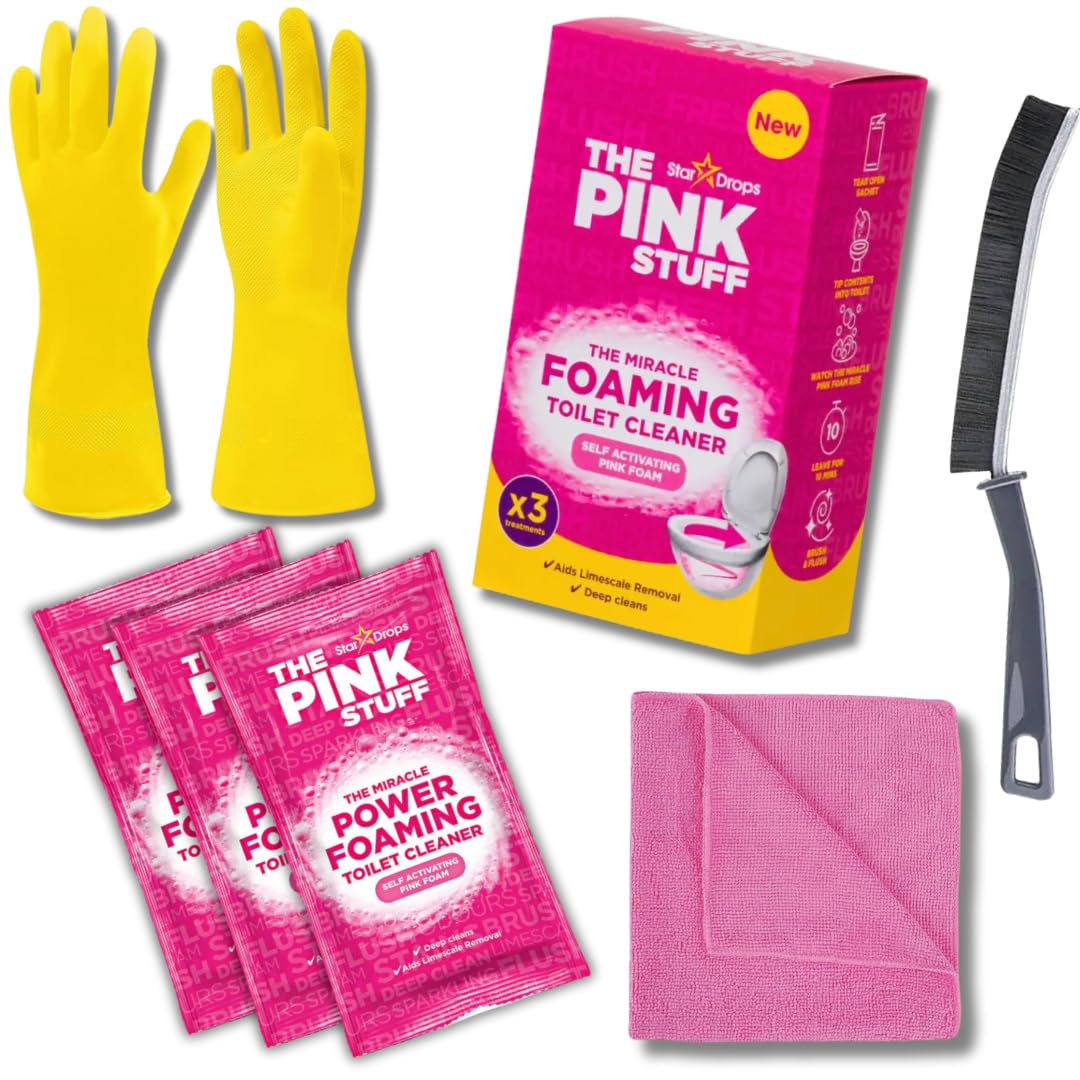 The Pink Stuff Miracle Toilet Cleaning Bundle - Includes 3 Sachets of The Pink Stuff Miracle Power Foaming Toilet Cleaner, Narrow Gap Brush, Microfibre Cloth, and Household Rubber Gloves