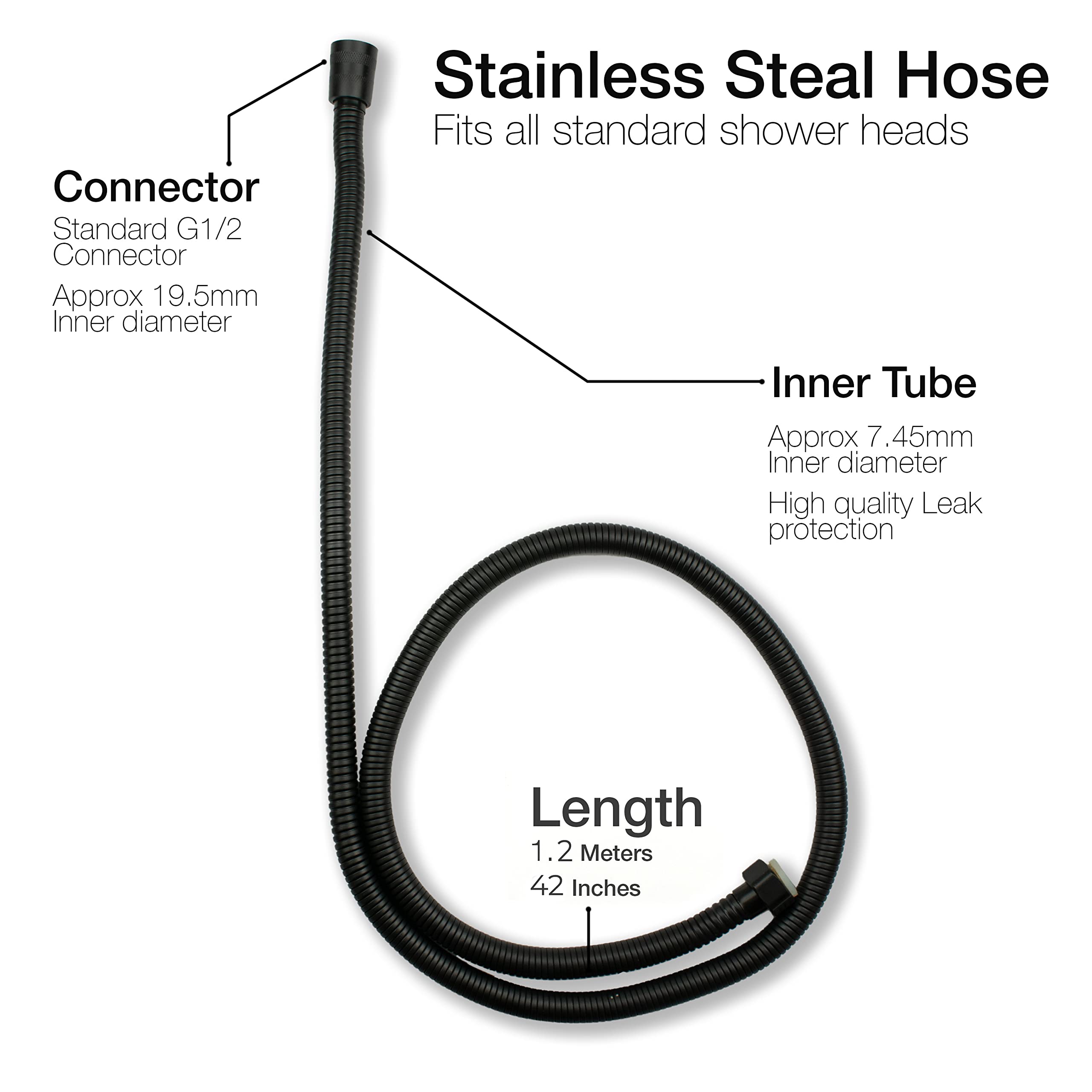 Tubo doccia in acciaio inox nero da 1,2 m, tubo doccia di ricambio a prova di perdite e di attorcigliamento flessibile con connettori solidi Tubo doccia a mano (Classe energetica A+)