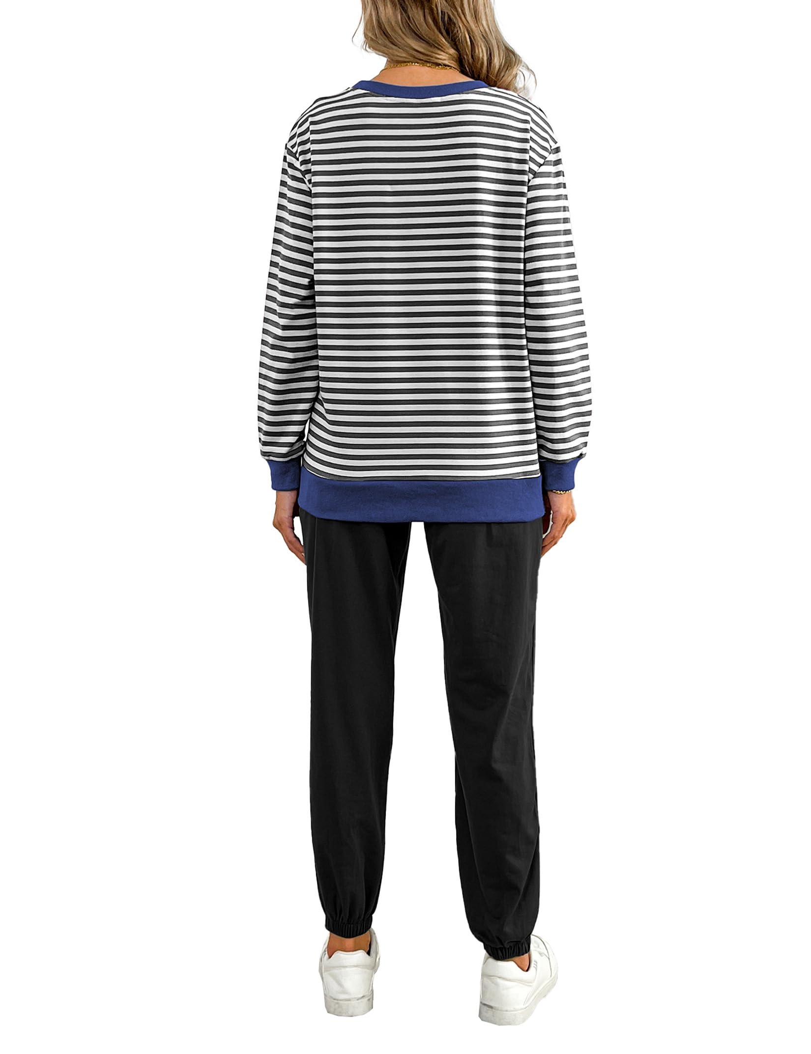 Conjunto acogedor de 2 piezas para mujer, conjunto de ropa de descanso a rayas, bloques de color, manga larga, pantalones deportivos, conjunto de chándal