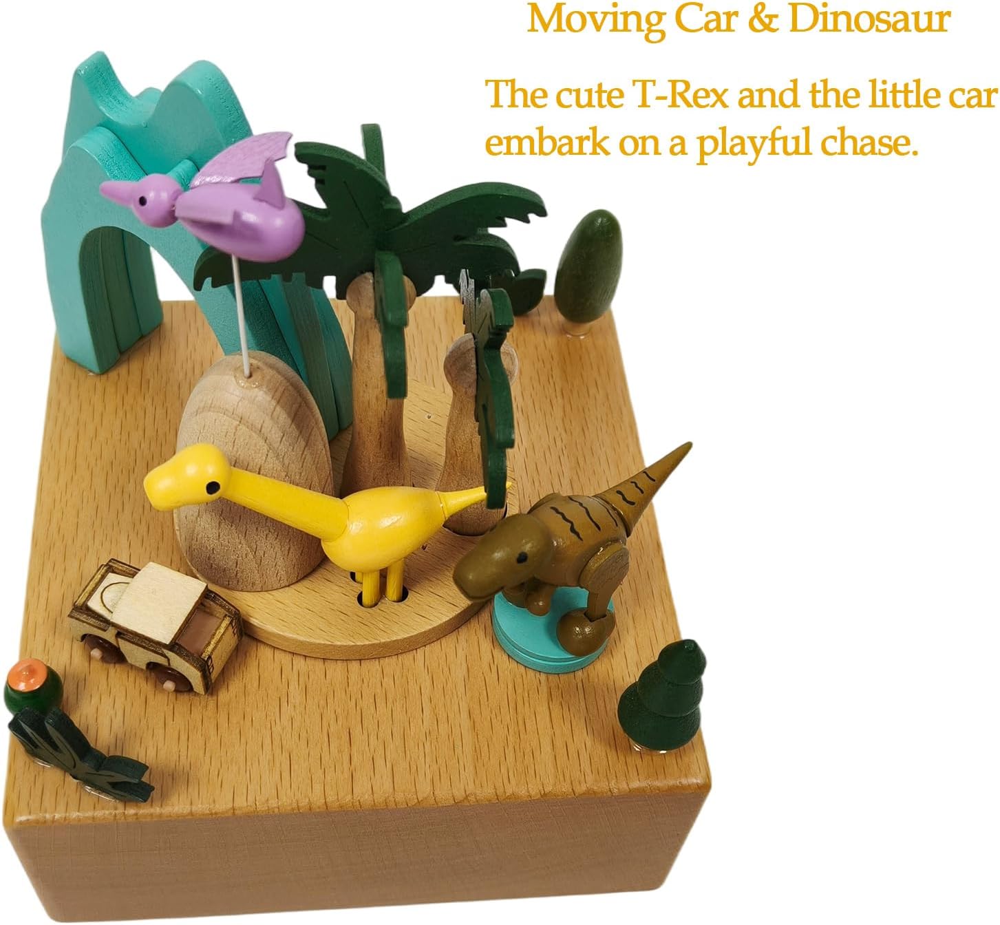 Wooden Jurassic Dinosaurs Music Box - Moving Car & Dinosaur, Mechanical Musical Box, Gift for Dinosaur Lovers and Music Box Enthusiasts, Unique Desk Decoration