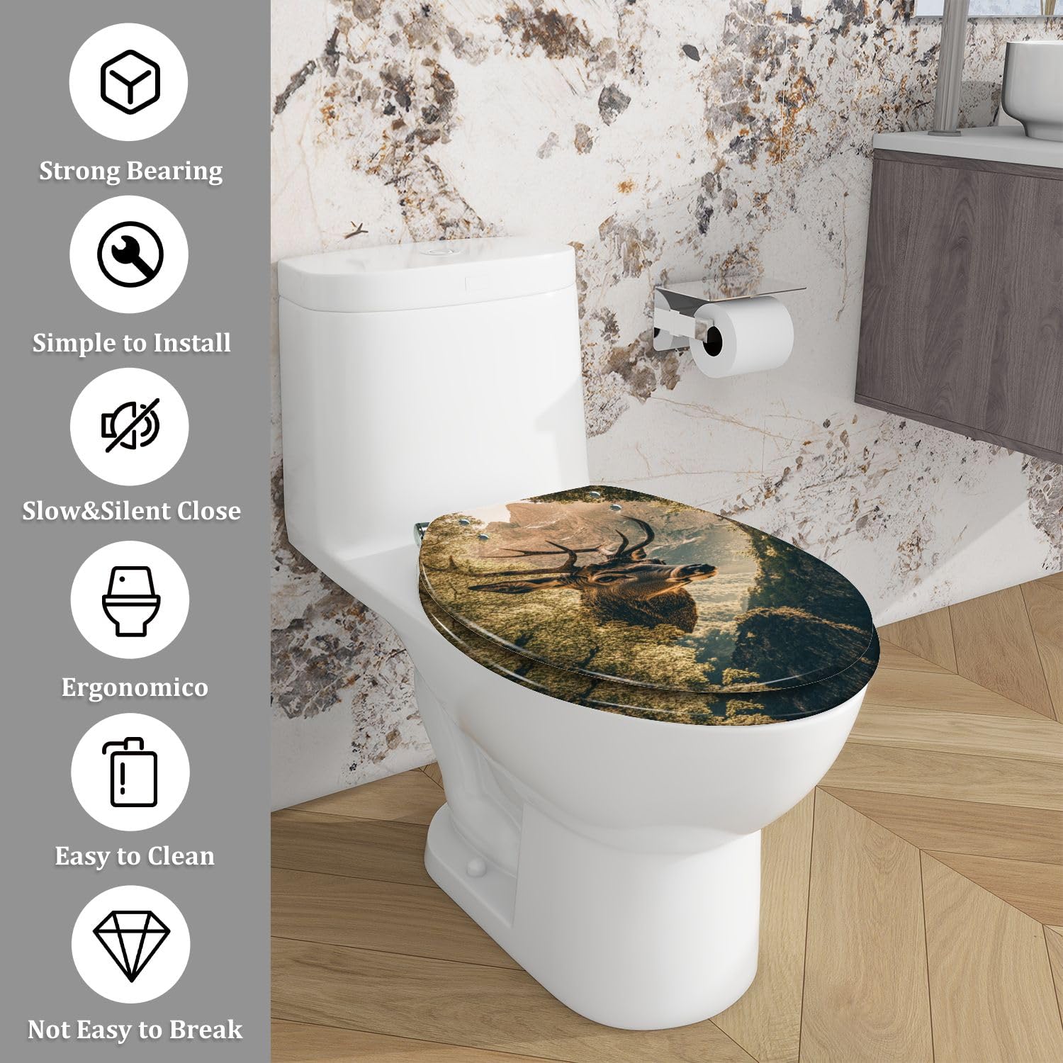 Sedile WC decorativo Sunlit Deer Forest con chiusura ammortizzata e sgancio