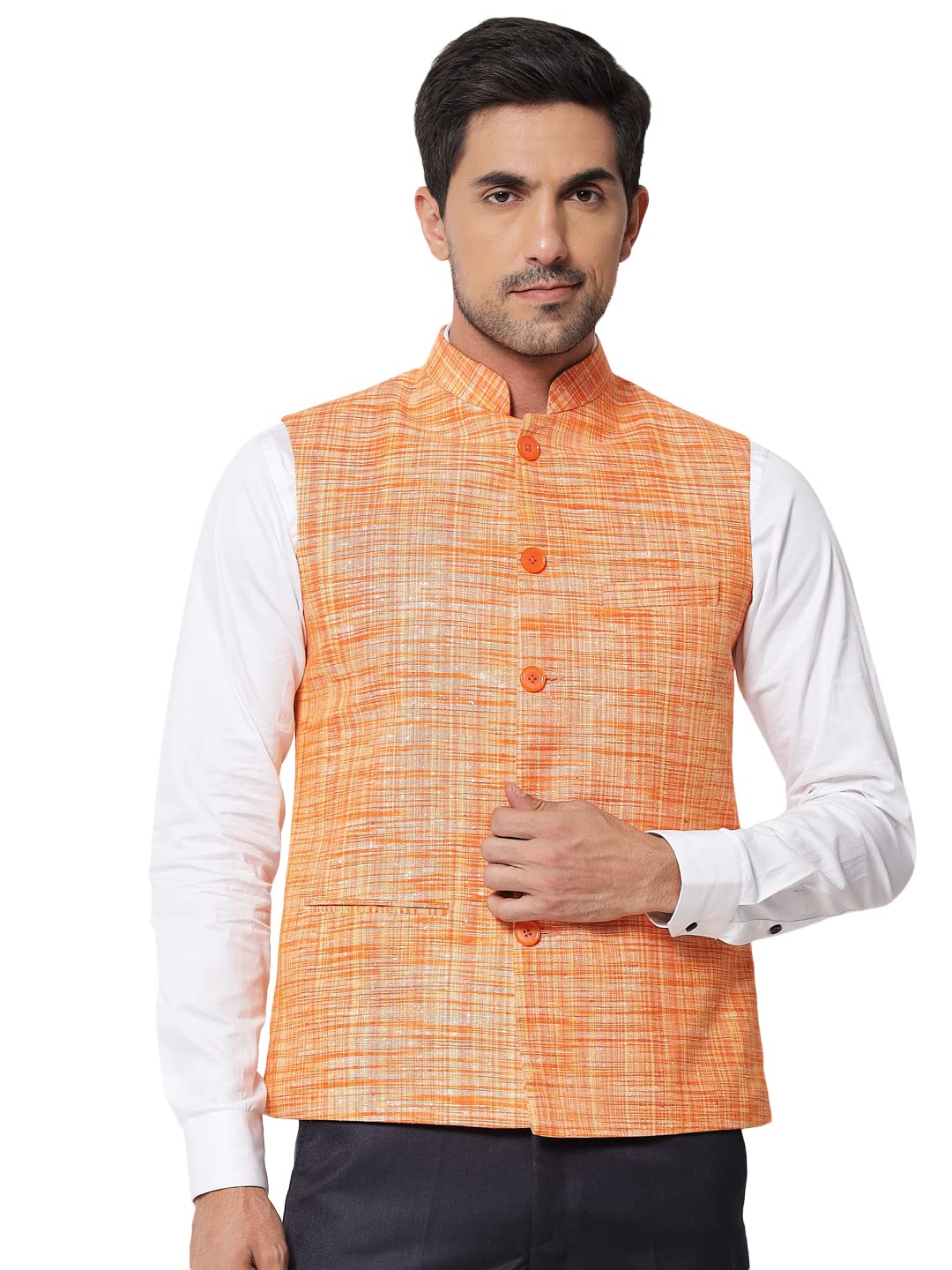 vastraa fusion Mens Handloom Small Check Cotton Nehru Jacket - (Orange)-picture-18
