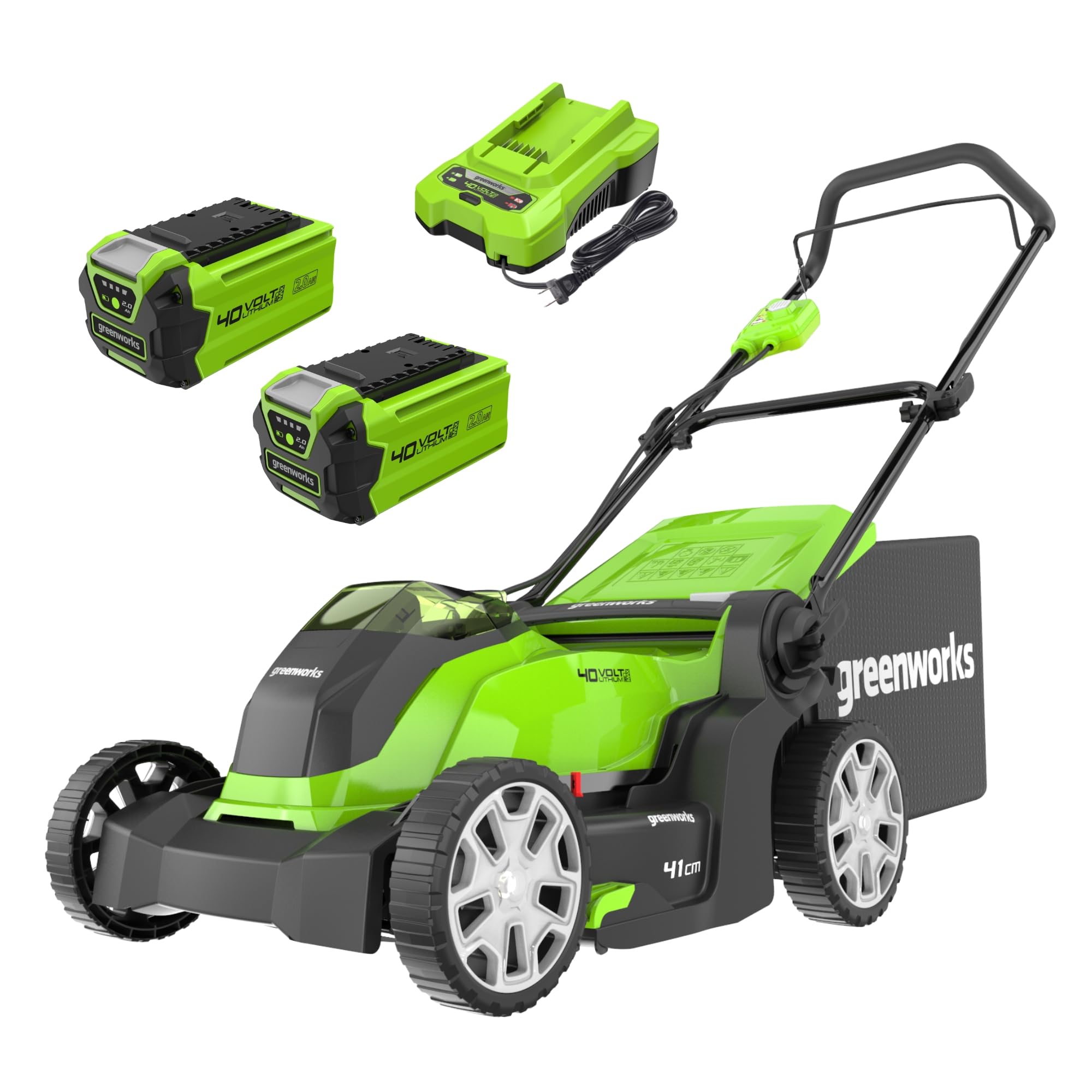 40V Cordless Lawnmower for Lawns up to 500m², 41cm Cutting Width, 50L Bag, Two of 40V 2Ah Batteries & One Charger, 3 Year Guarantee-G40LM41K2X, Green, Black, Grey