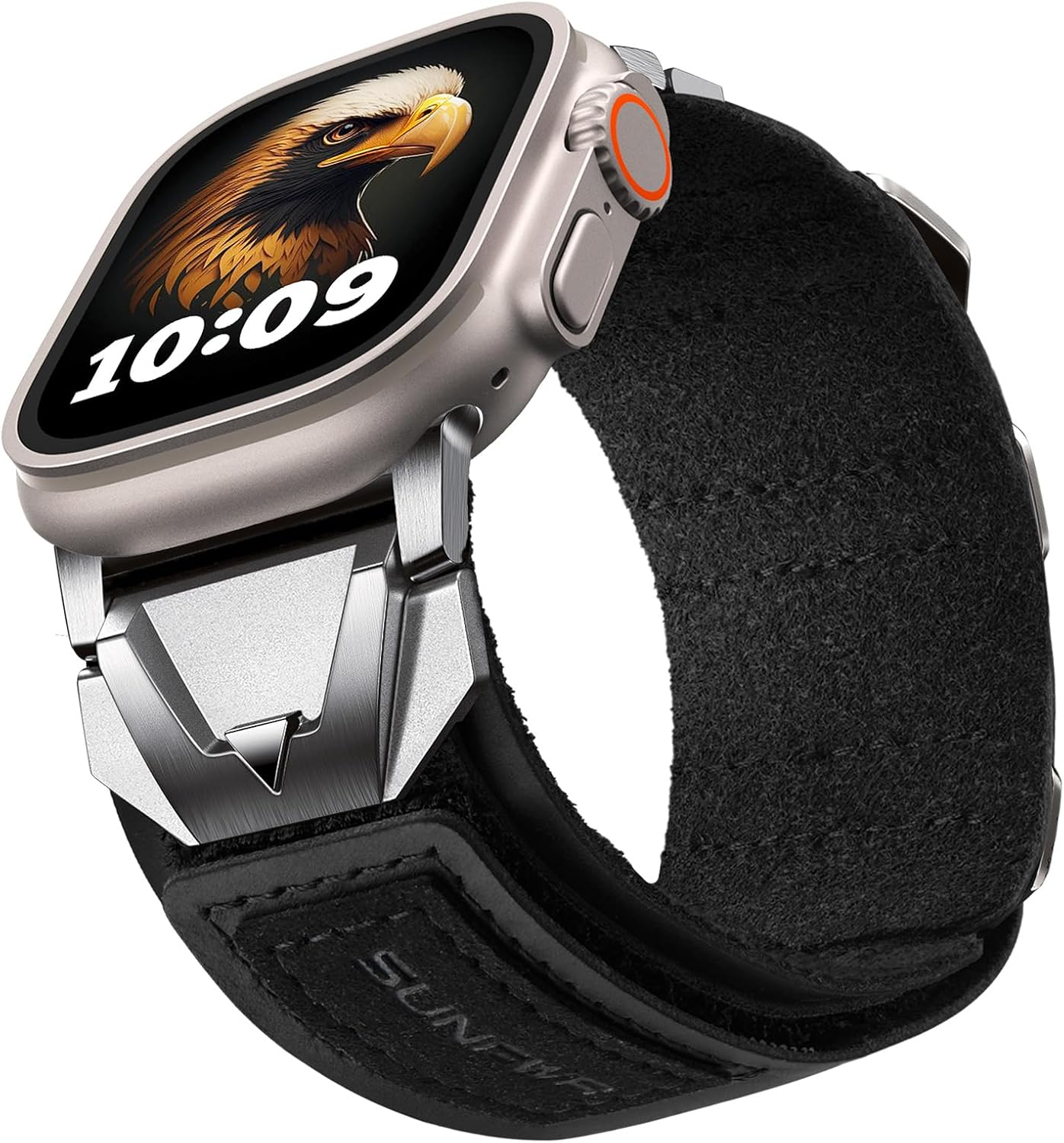 SUNFWR Leather Bands Compatible with Apple Watch Ultra 3/2/1 Band 44mm 45mm 42mm 46mm 49mm, Genuine Leather Wristband Strap for iWatch Series 11 10 9 8 7 6 5 4 3 2 1 SE 1/2/3 Men Black/Silver 49mm