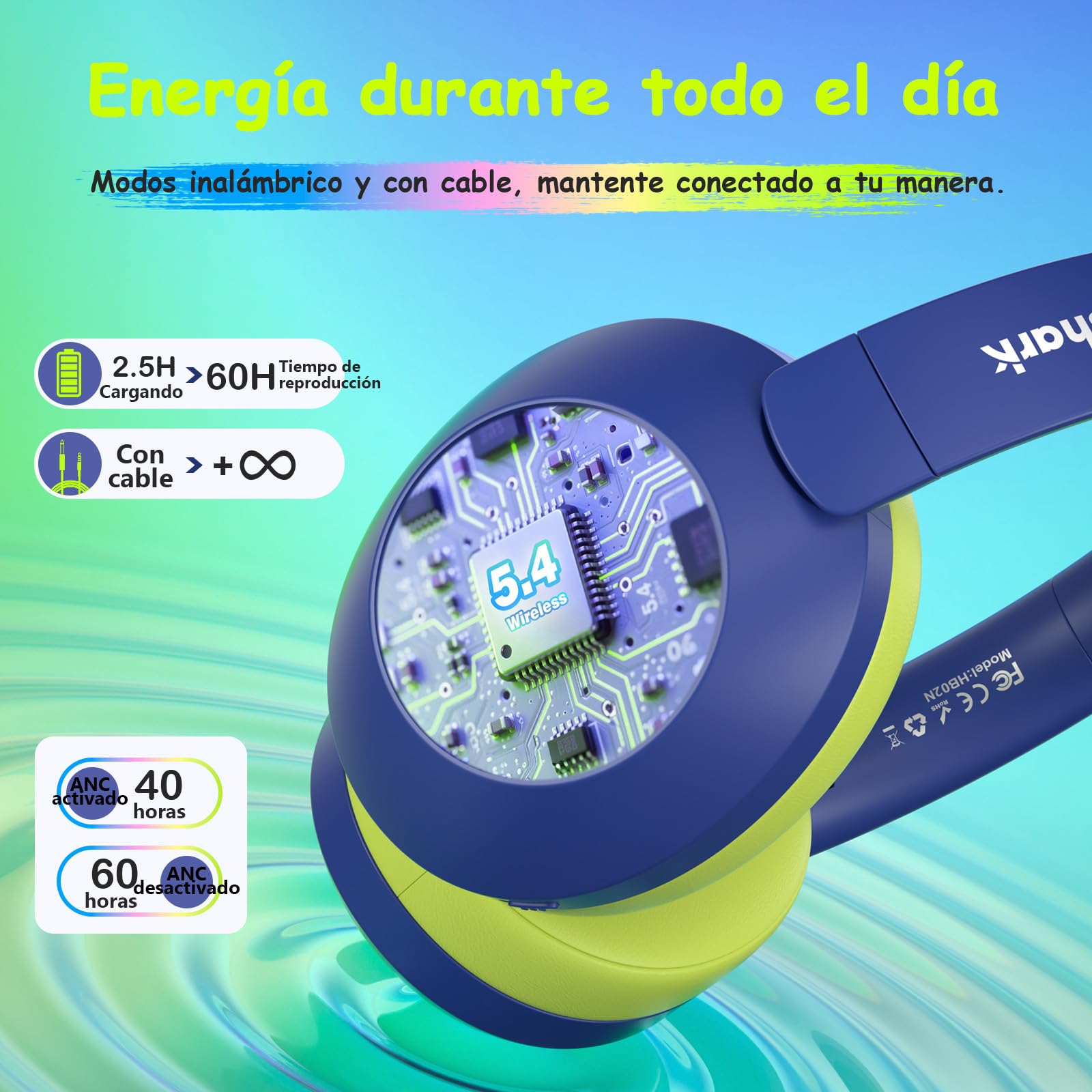 TONOSHARK Cascos Inalambricos Bluetooth Niña, Auriculares Niños con Cancelación De Ruido, Luces LED RGB Coloridas, Tiempo Reproducción De 60 Horas, Bluetooth 5.4 - Incluye Estuche Portátil (Azul)