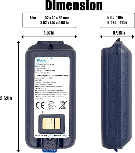 Miniatura 5 de Reemplazo de batería de 5200 mAh para Intermec CK75 CK70 CK71 CK3 CK65 CK3R CK3X CK3XR CK65-BTSC CK3R CK3N CK3B, 318-034-034 1001AB01 318-063-002