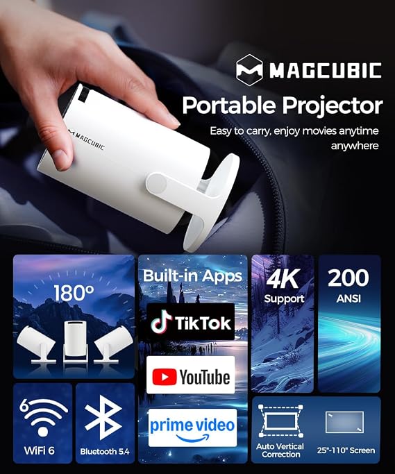 Magcubic Mini Beamer Projektor 4K Unterstützt Android 14 WiFi 6 BT 5.4 Smart Projector Heimkino Klein Full HD 1080P Unterstützt 200 ANSI Auto Horizontal Trapezoid Correction 5W Lautsprecher