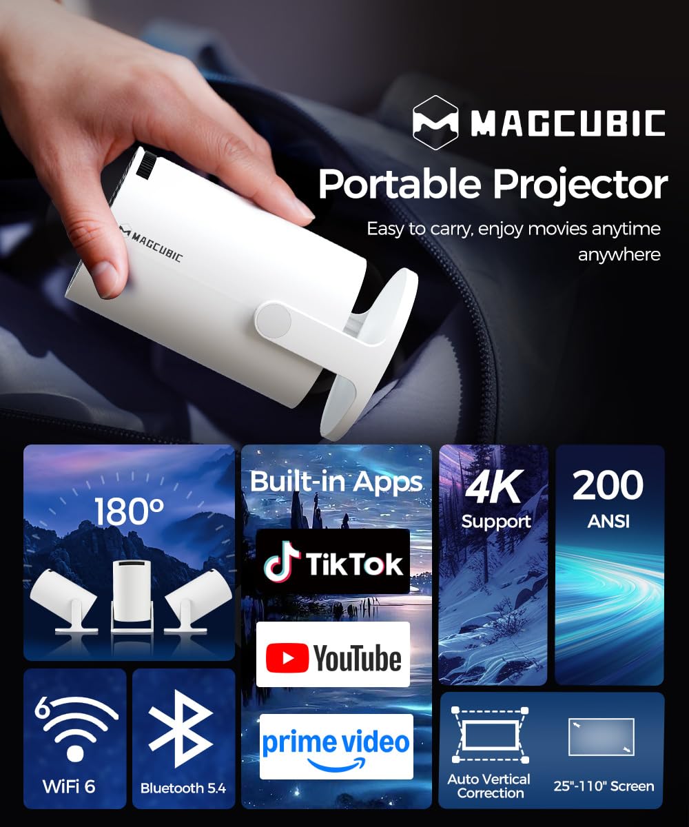 Magcubic Mini Beamer Projektor 4K Unterstützt Android 14, WiFi 6 BT 5.4 | Smart Projector Heimkino Klein Full HD 1080P Unterstützt 200 ANSI Auto Horizontal Trapezoid Correction 5W Lautsprecher