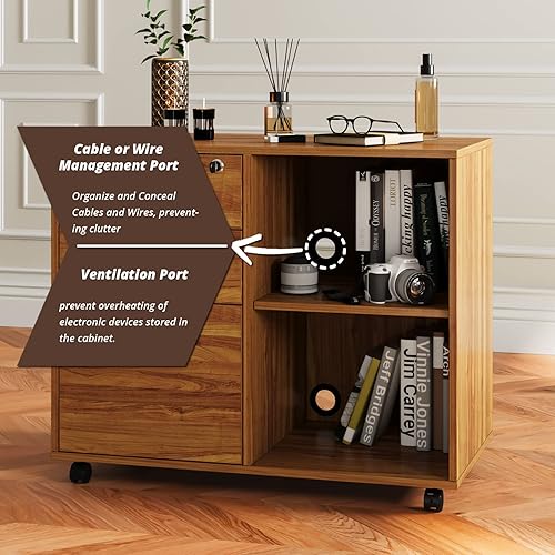 Miniatura 7 de Maxtown Archivador de madera, archivador lateral móvil con cerradura, archivador de 3 cajones con estantes de almacenamiento abiertos, soporte de