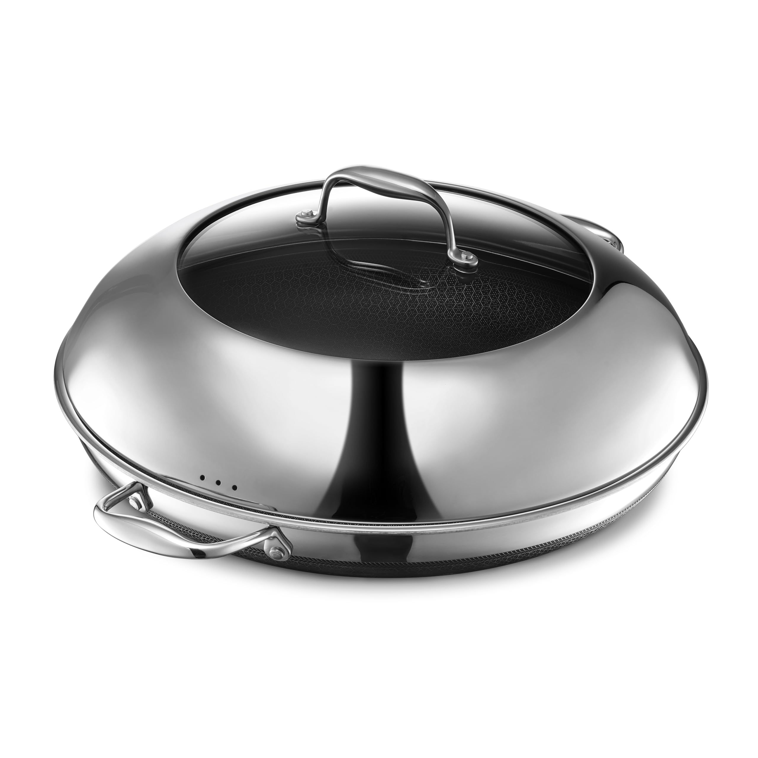 HexClad Hybrid Nonstick 14-Inch Frying Pan with Stainless Steel Lid, Stay-Cool Handles, Dishwasher-Friendly, Oven-Safe Up to 900°F, Induction Ready, Compatible with All Cooktops