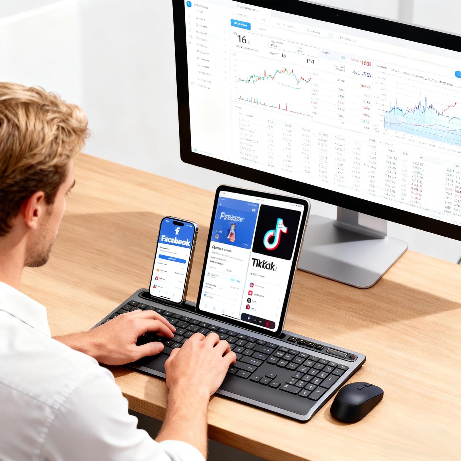 Wireless Keyboard and Mouse Combo, Full Size Ergonomic Keyboard with Wrist Rest and Phone Holder 2.4G USB & Type-C Quiet Keyboard Silent Mouse for Computer Laptop Windows Mac iOS