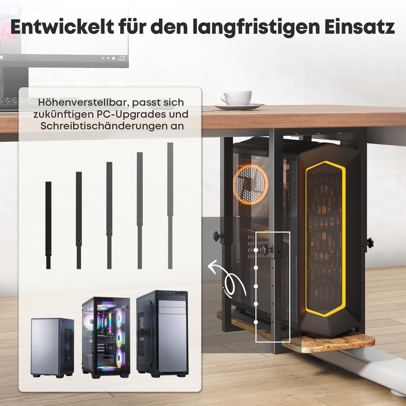 Höhenverstellbare PC Halterung für Untertischmontage, Stabiler CPU Halter für PC Gehäuse, Platzsparende Computerhalterung für Schreibtisch, bis 30 kg belastbar, Schwarz und Vintage Braun