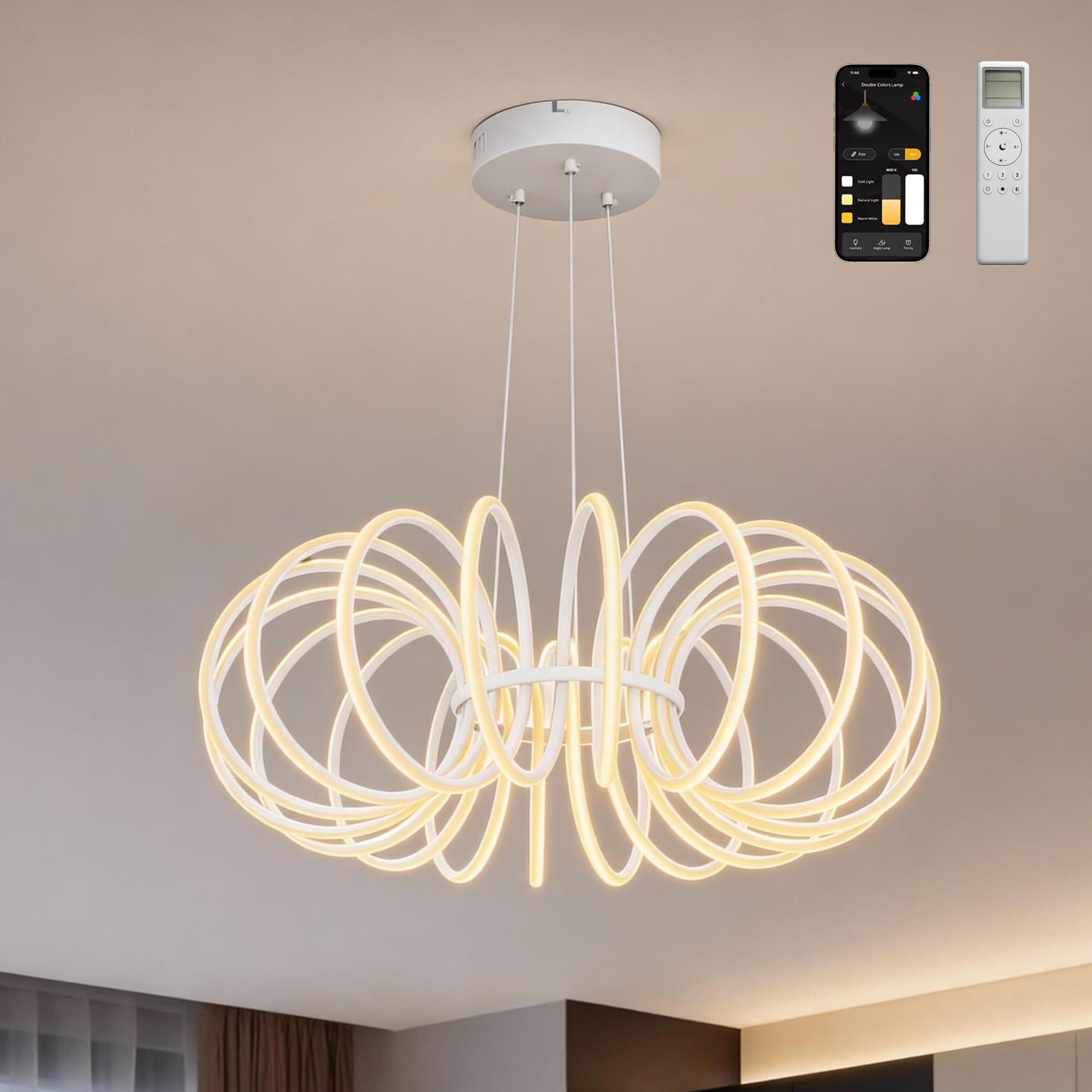 Mai & Mai Pendant Ceiling Lights-61cm 120W LED Pendant Light, Dimmable Hanging Lights with Remote & APP, Adjustable Height, 3000K/4200K/6000K for Living Room & Bedroom Nuvora05