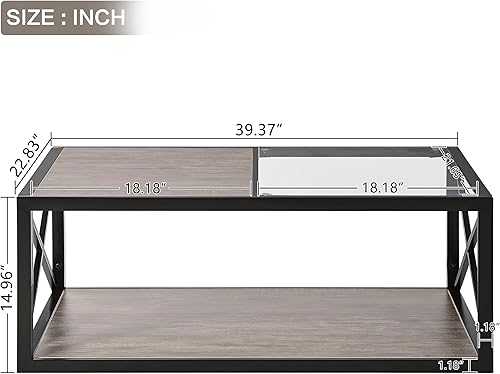 Miniatura 2 de Mesa de centro de cristal Mordern con marco de metal negro, mesa rectangular ocasional para el hogar, tapa de vidrio templado y estantes de