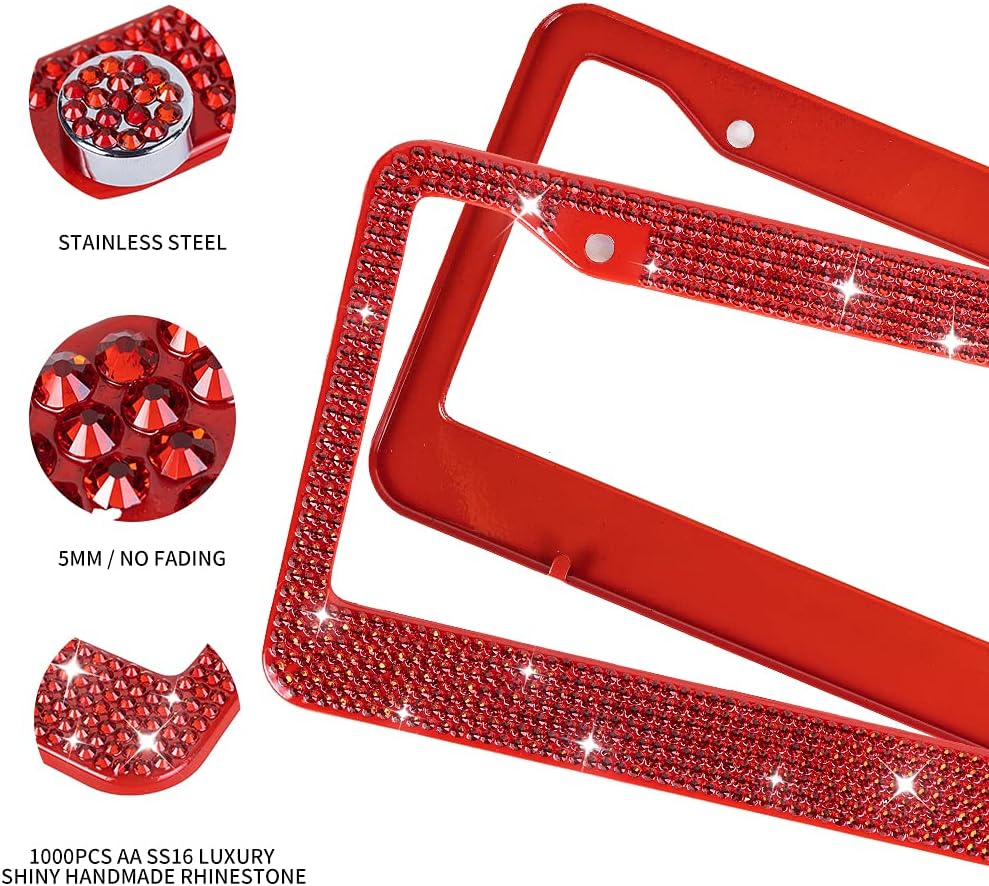 2Pack Red Rhinestone License Plate Frame with Gift Box,License Plate Frame for Women Men, Luxury Handmade, Diamon Firm Waterproof