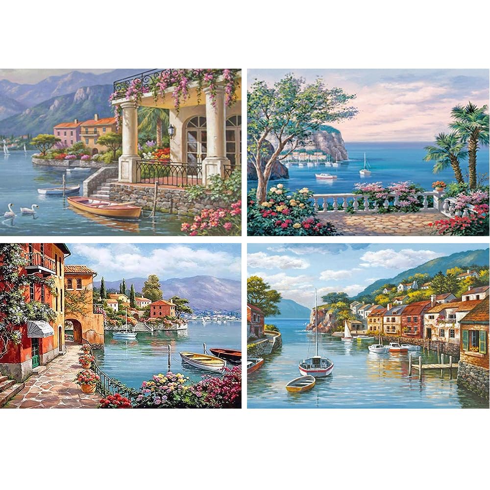 DCIDBEI 4 Kit Diamond Painting 5D Paesaggio Rurale E Mare 40x30cm - Fai Da Te Con Diamanti Rotondi - Decorazione Casa Soggiorno E Cucina