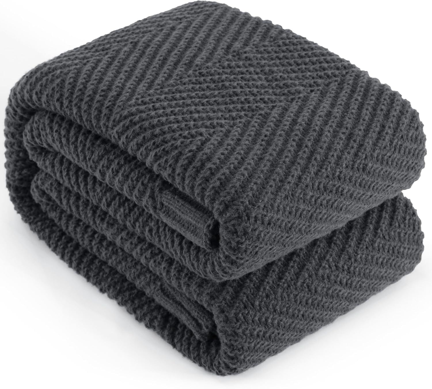 LONG CREATE Knitted Throw Blanket 50"X60", Dark Grey Knit Throws for Bed, Super Soft Boho Chevron Blankets for Couch Sofa Chair Room Decor, Textured Decorative Farmhouse Cozy Lightweight