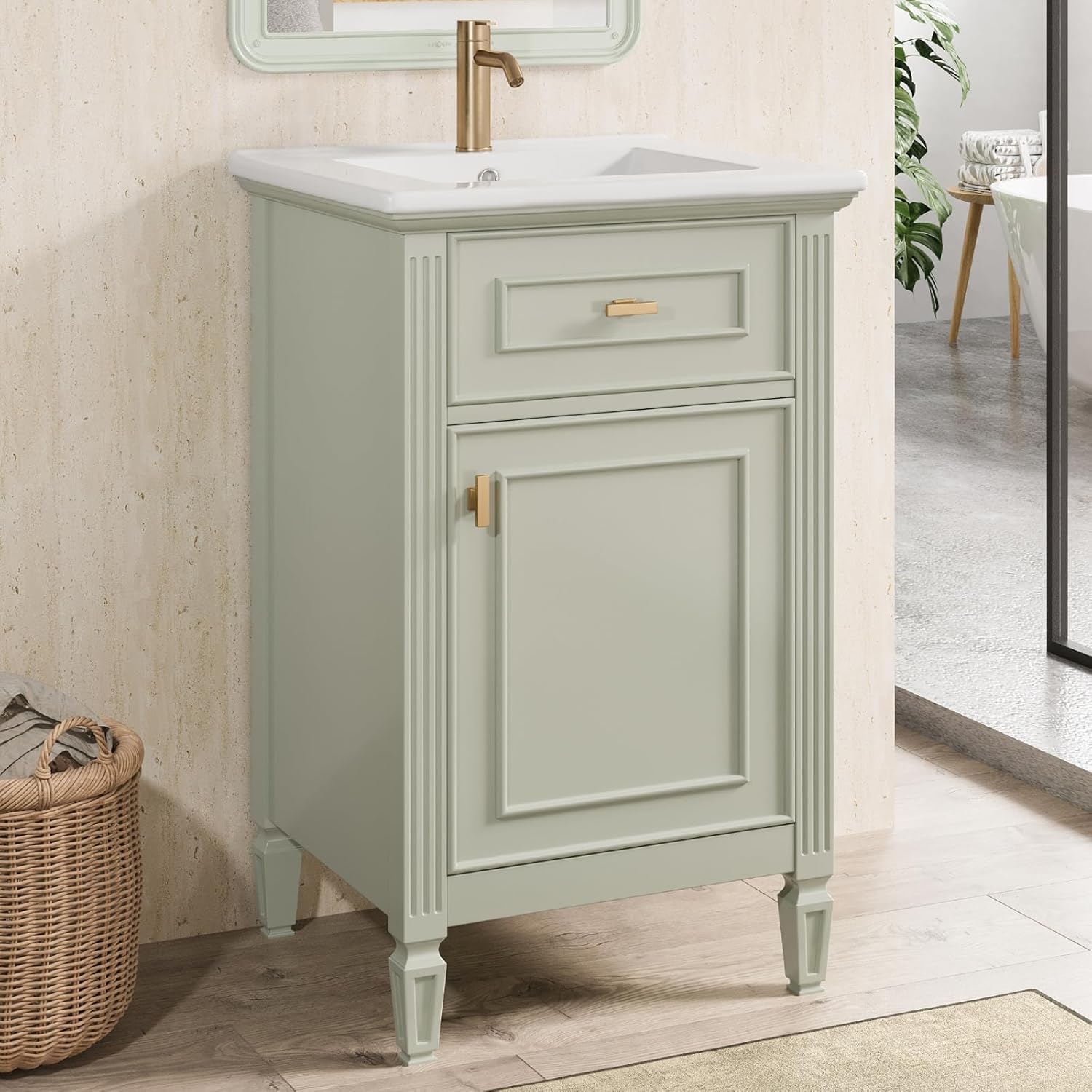 Bathroom Vanity with Sink, 20" Small Bathroom Sink Cabinet with 1 Door and 1 Tilt-Out Drawer, Storage Rack and Adjustable Shelve (Green 20")