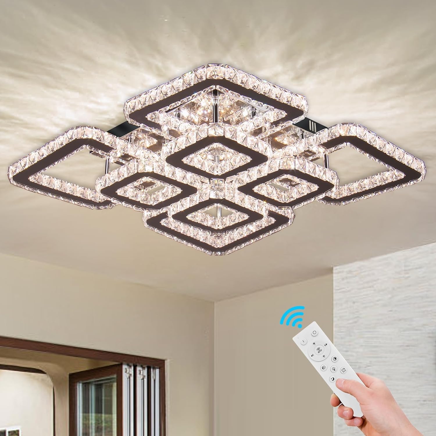 FRIXCHUR Dimmbare LED-Kristall-Deckenleuchte 50 cm quadratisch