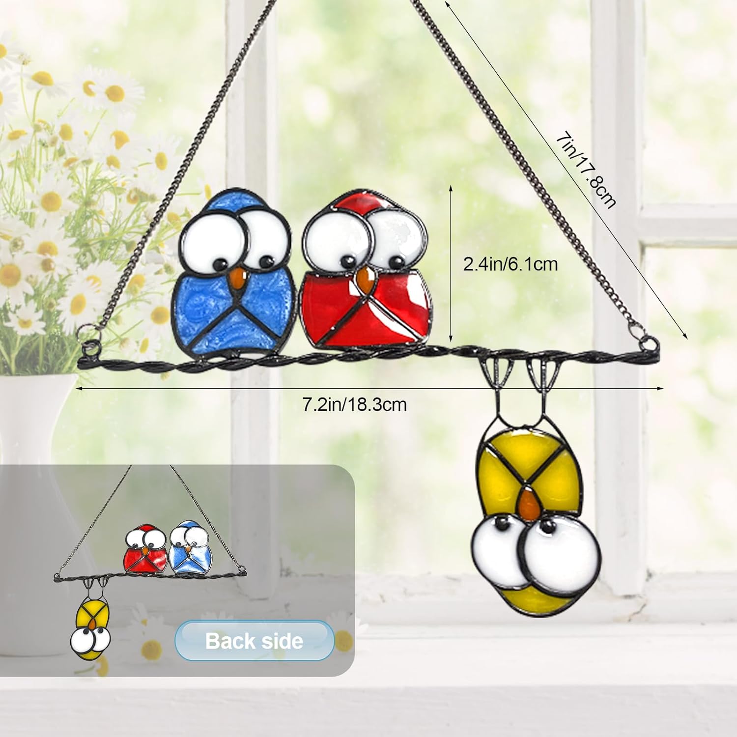 Stained Glass Birds Window Hangings, Multicolor 3 Owls Double-Side Stained Glass Hummingbird Decorations,Bird Suncatcher for Window Home Garden Decor Hummingbird Gifts for Bird Lovers (Yellow) - Image 2
