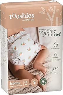 Tooshies Nappies | Size 2 Infant 4-8kg | Made with Organic Bamboo | 12 hrs leak free | Unisex | Watermelon Print | 48 count | 1 WEEK SUPPLY