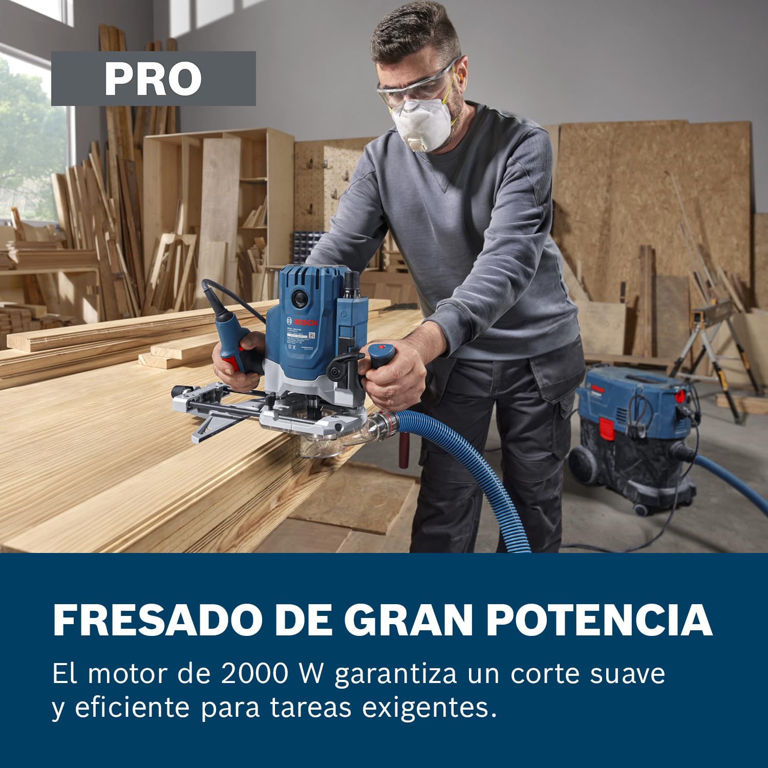 Bosch Professional fresadora con cable GOF 20-12 (potencia de 2000 W, incl., guía paralela, pasador de centrado, llave de vaso de 17/24 mm, set de pinzas, guía de plantilla de 17 mm, en L-BOXX)