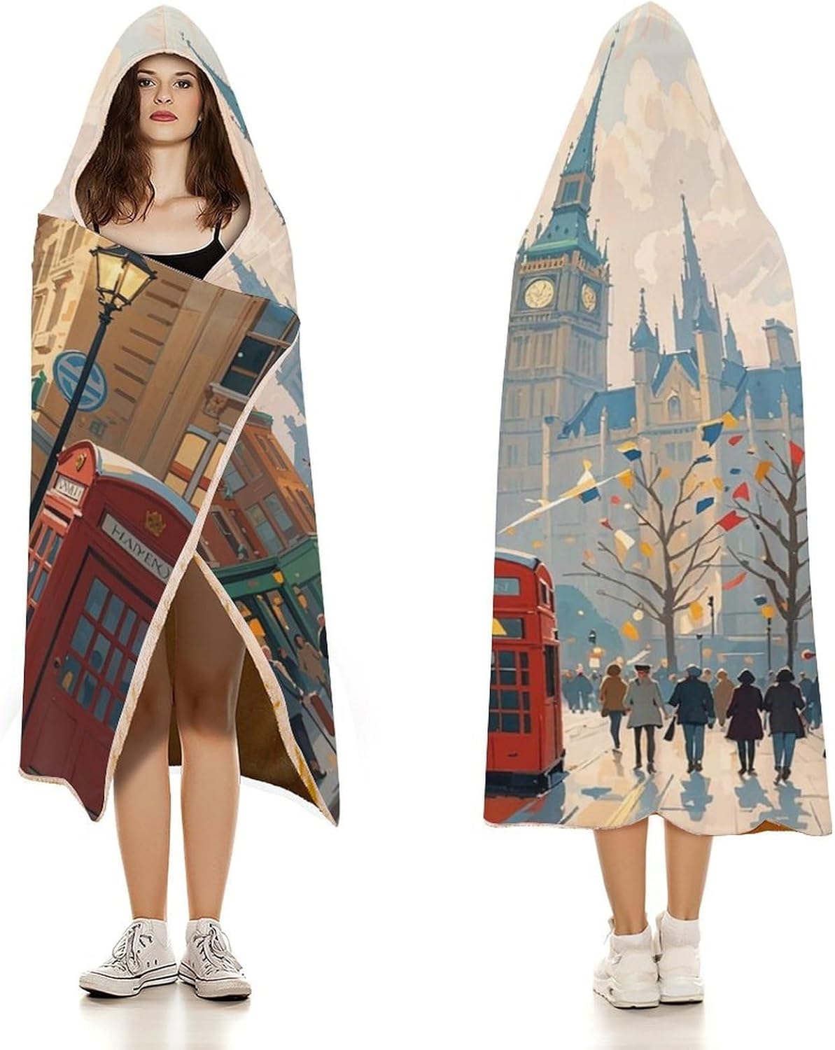 London Impression Wearable Fleece Blanket with Hood for Men & Women Oversized Hoodie Blanket Soft Cozy Gift-