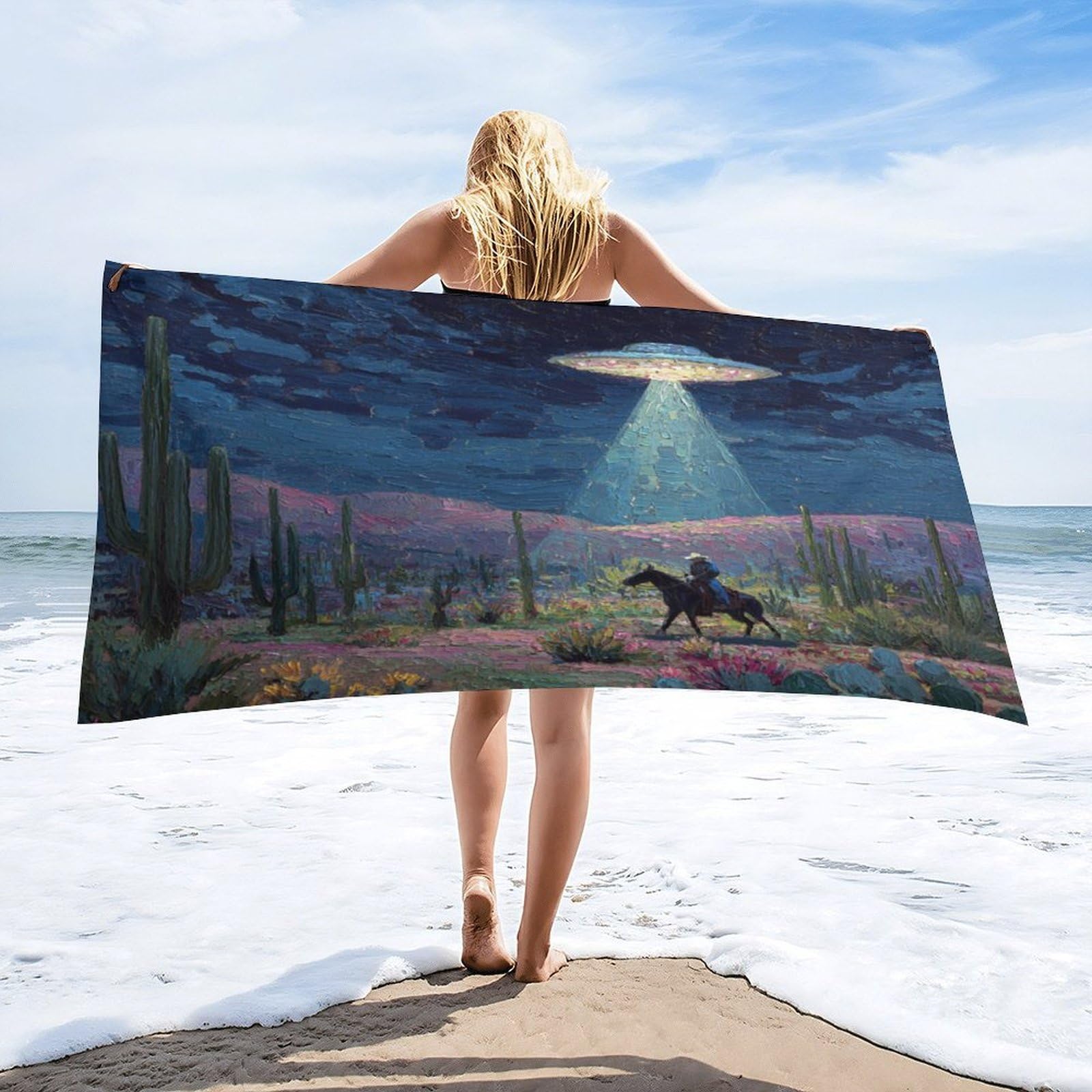 Luyysky Funny Western Ufo Cowboy Absorbent Beach Towel, Classic Oil Painting Plant Cactus Floral Animal Horse Outdoor Single-Sided Velvet Beach Towel-80 W Cm X 160" L Cm