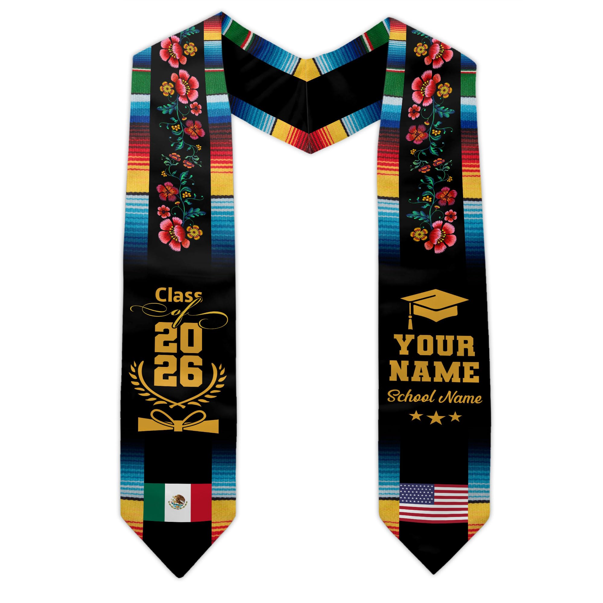 Pretyprints Custom Mexican Graduation Sash, Mexico Graduation Stole Photo, Mexican American Flag Graduation Sash 2026
