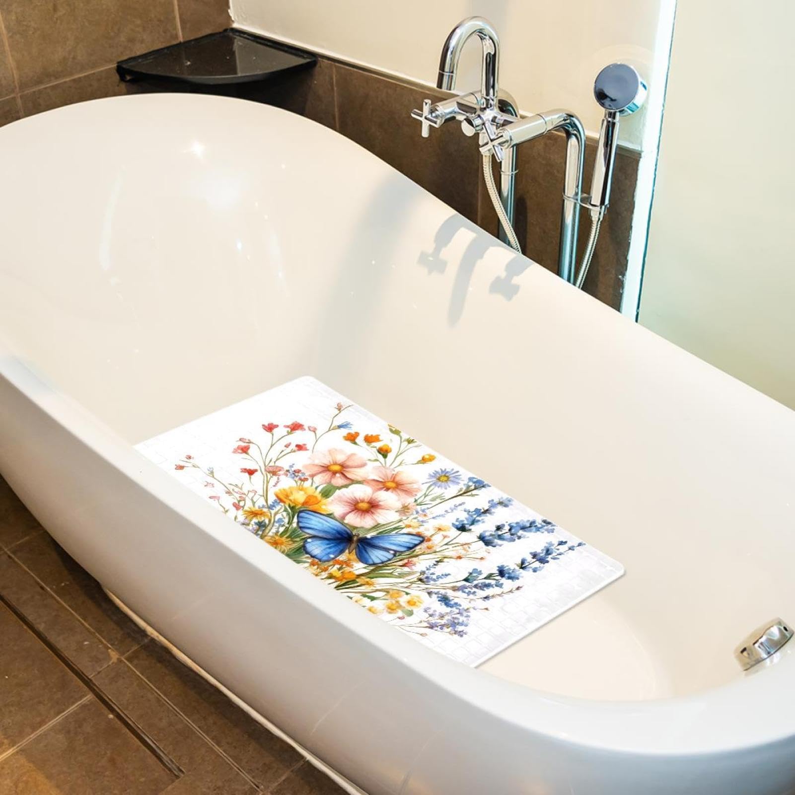 Badematte für die Badewanne, Motiv: Sommermotiv, Wildblumen, Schmetterlinge, rutschfest, rechteckig, Duschmatte mit Saugnäpfen, maschinenwaschbar, Badezimmermatte, 39,9 x 70,9 cm