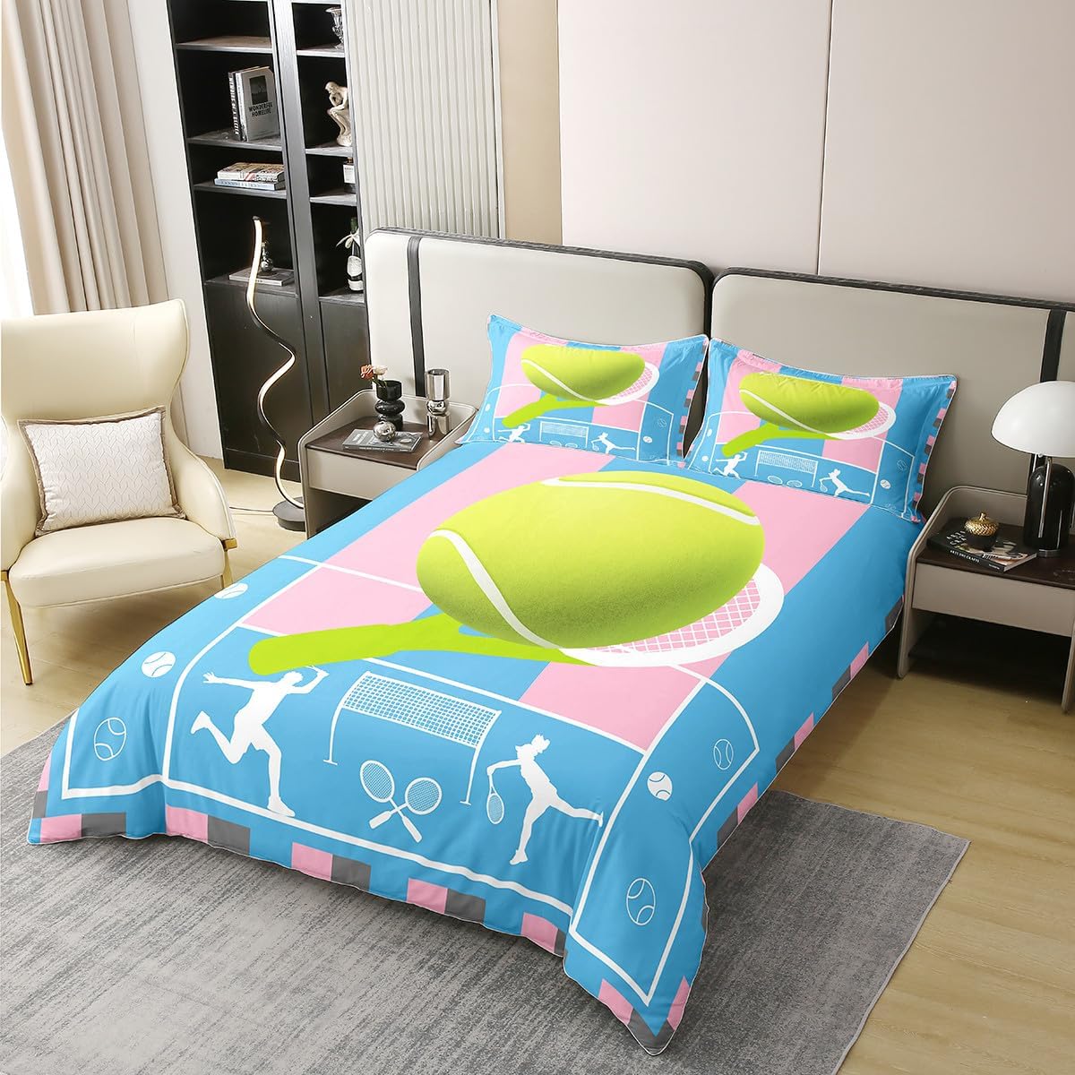 Manfei Tennis Full Size Cotton Duvet Cover,Fashion Sports Game Player Silhouette Quilt Cover(No Filler),Tennis Court Sporting Field Geometric Blue Pink Comforter Cover for Kids Adults Bedroom