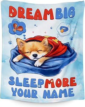 Custom Dog Blanket, Cute Soft Throw Gifts for Kids, Cozy Flannel Throw Blankets for Couch Sofa, Cyan 30"x40"