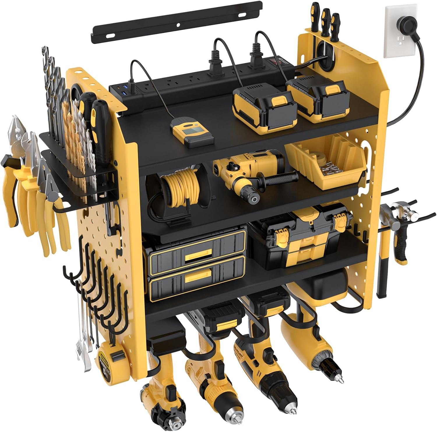 Support mural pour outils électriques avec 6 prises et 4 ports USB, étagère de rangement réglable à 4 niveaux pour perceuse 4/8 pour garage, support de rangement pour outils, cadeau pour père (version