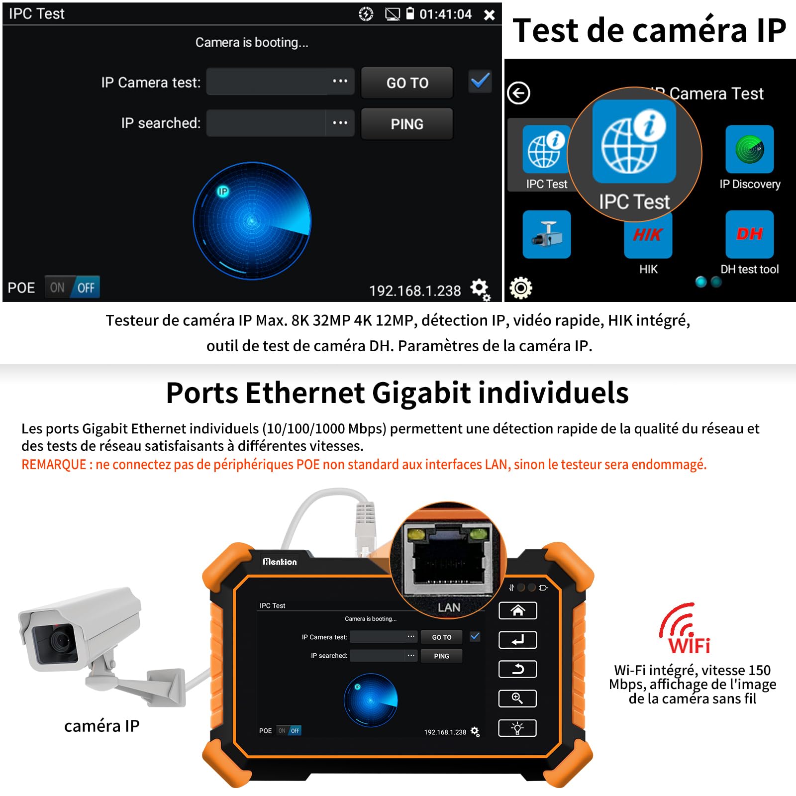 Henkion Testeur de Vidéosurveillance CCTV IP IPC-1900C Plus 4K 8MP 8K 32MP Test de Caméra IP Moniteur Écran Tactile 4 Pouces Tester CCTV Support POE WiFi Sortie DC12V/3A avec Traceur de Câble