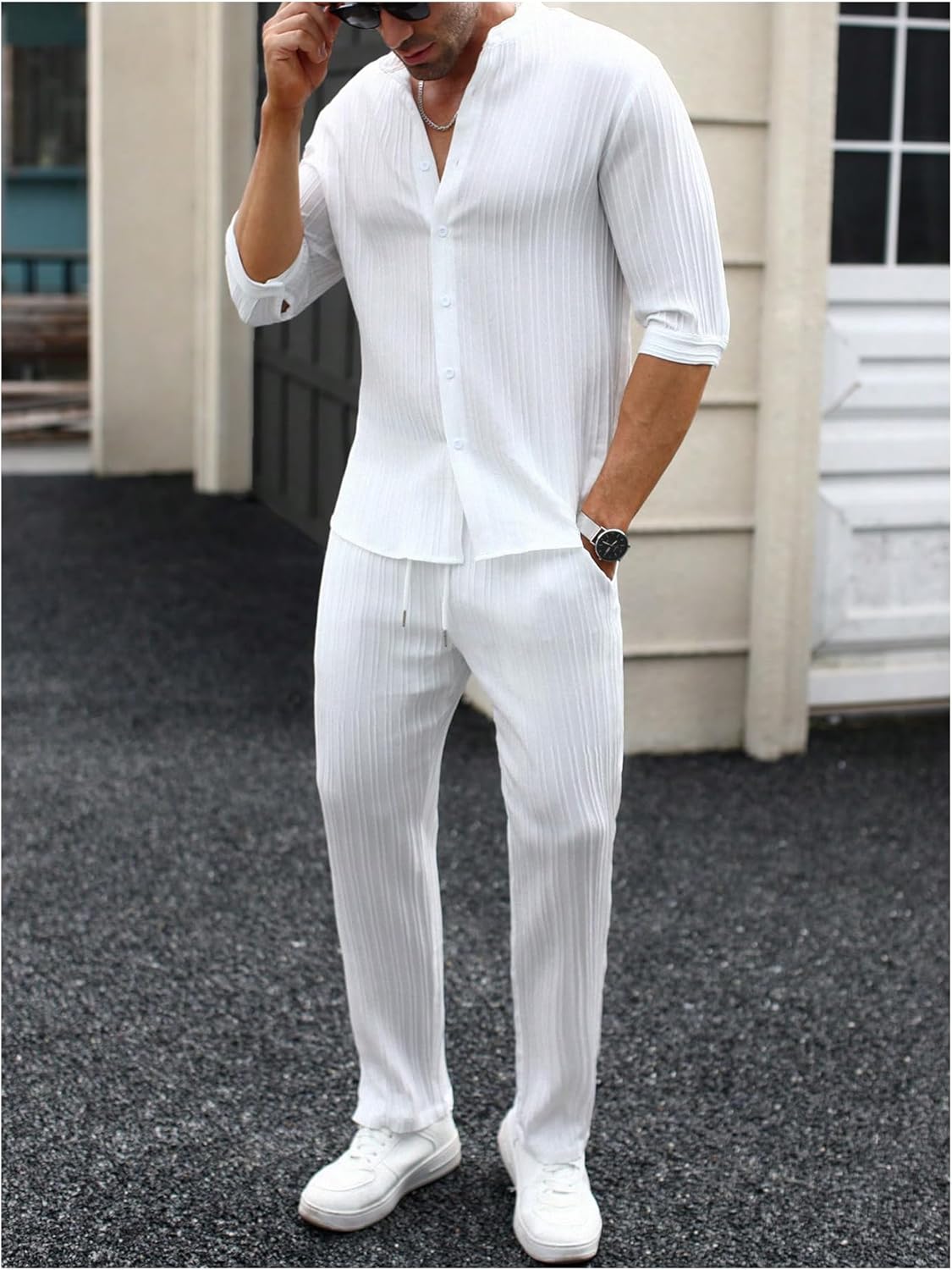 Men's 2 Piece Outfits Casual Half Sleeve Button Up Shirts and Drawstring Pocket Pants - Image 6
