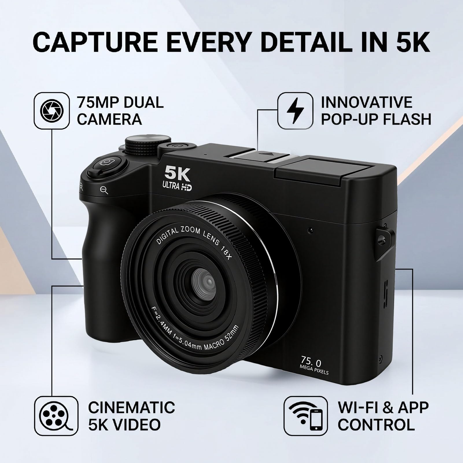 Fotocamera Mirrorless 5K, Fotocamera Vlog retrò con Doppio Obiettivo da 75 MP con Flash Pop-up, Schermo da 3 Pollici, Connessione App Zoom Digitale 18x, per la Registrazione di