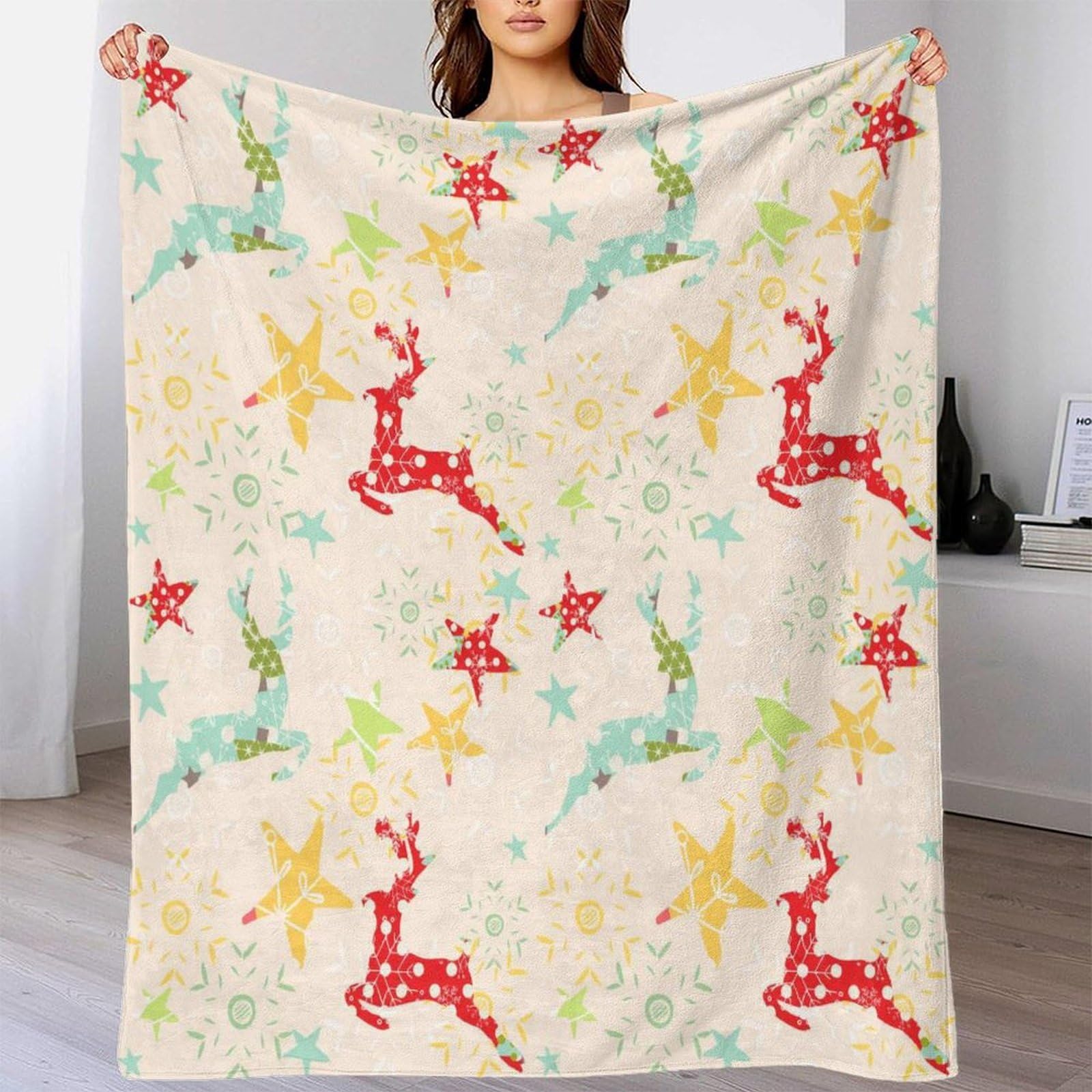 Manta de Reno Navideño 3D Impresa Microfibra Decoración Hogar Manta Navideña Suave Cálida Sofá Dormitorio Adultos Jóvenes 80x90inch(200x230cm)