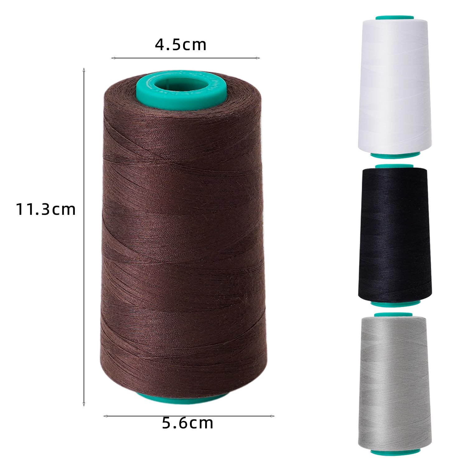 Nähgarnkegel, 4 Stück, 3000 m, Allzweck-Polyestergarn zum Nähen, Quilten, Overlock, Stickerei (Schwarz, Weiß, Braun, Grau)