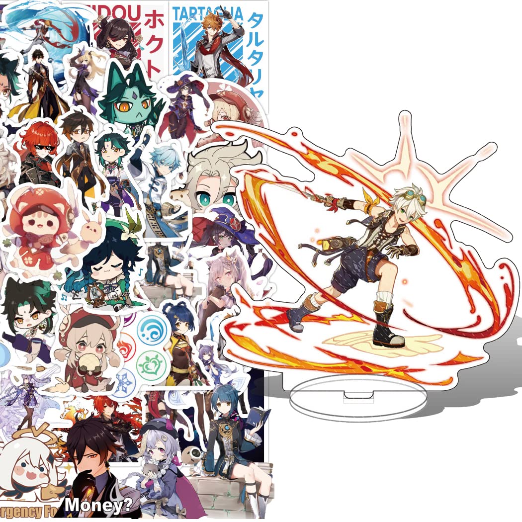 Genshin Impact Stickers 50Pcs+Genshin Impact Figure Acrylic Material Humanoid Stand 6 inches 1Pcs (Bennett)