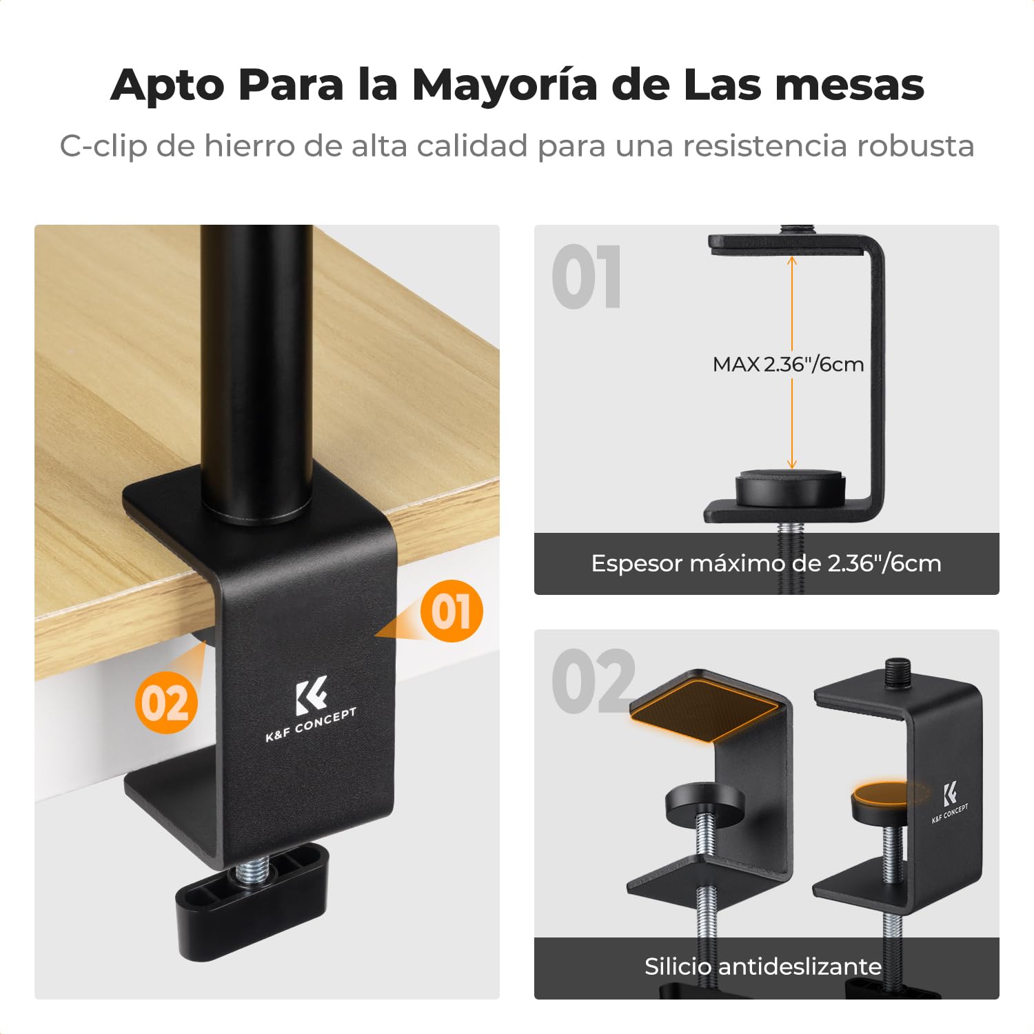 K&F CONCEPT Soporte Escritorio Pinza C 2 Unidades para Cámara | Rótula 360° desmontable, tornillo 1/4-3/8, clip móvil, transmisión directa, juego 2 piezas, TD01
