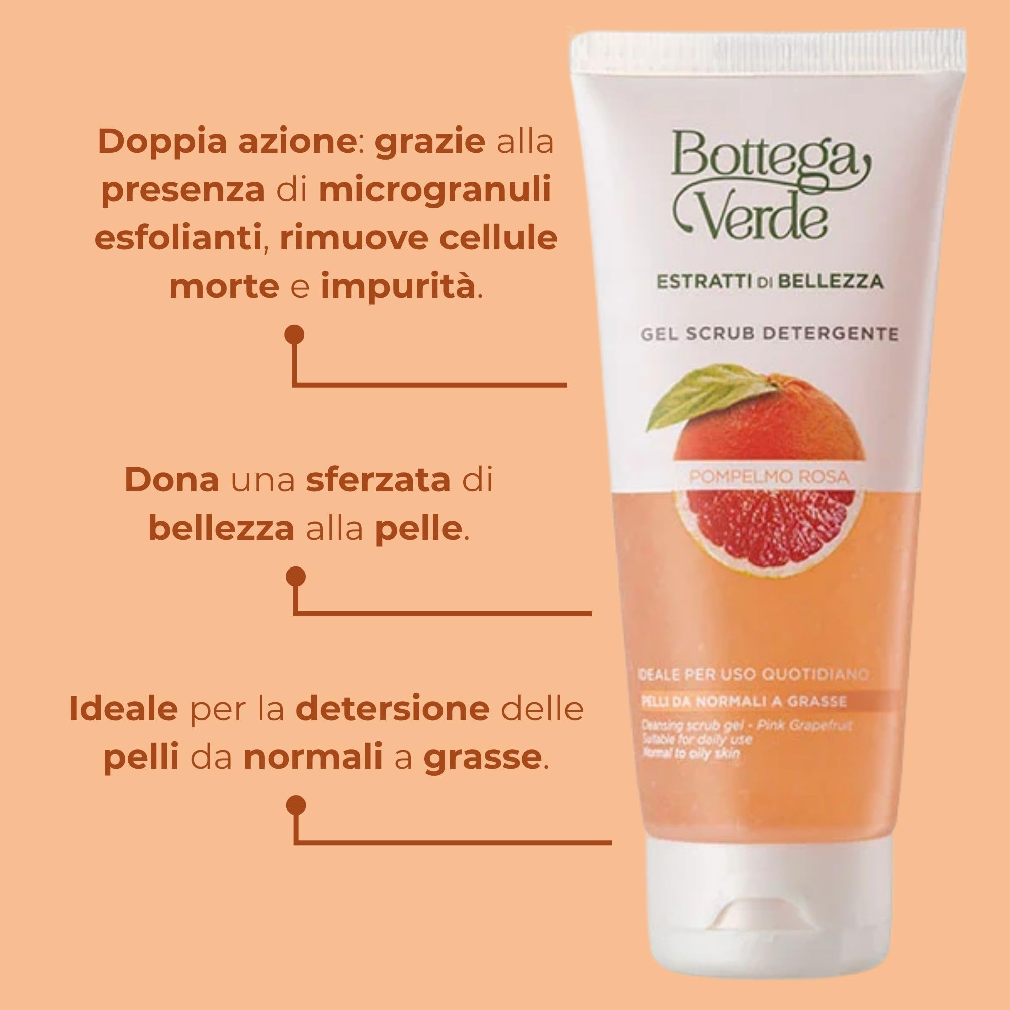 Bottega Verde - Estratti di Bellezza, Gel Scrub Detergente, 100 ml, con Pompelmo Rosa, Trattamento Esfoliante e Purificante per Pelli Normali e Grasse, Uso Quotidiano