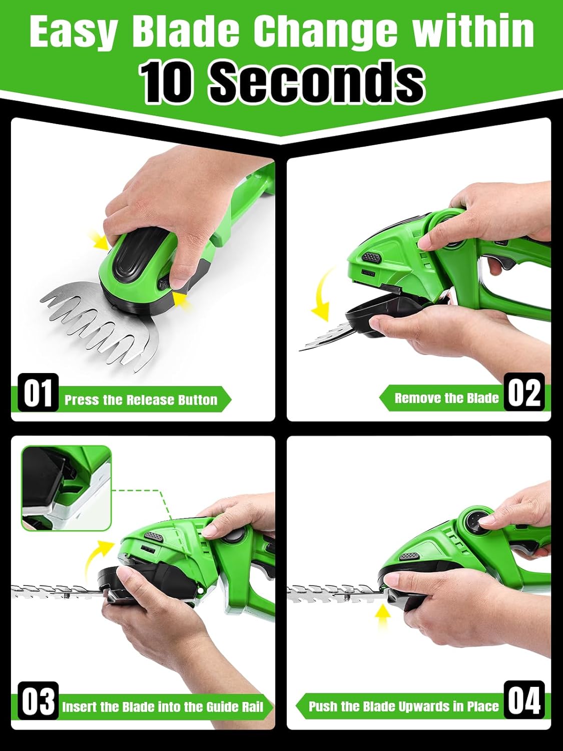 Electric Hedge Trimmer Cordless，2-in-1 2000RPM Handheld Hedge Shears Grass Cutter with 2 Rechargeable Battery and Charger, Shrub Bush Trimmer Grass Shears Gardening Tools for Yard, Lawn (Green)