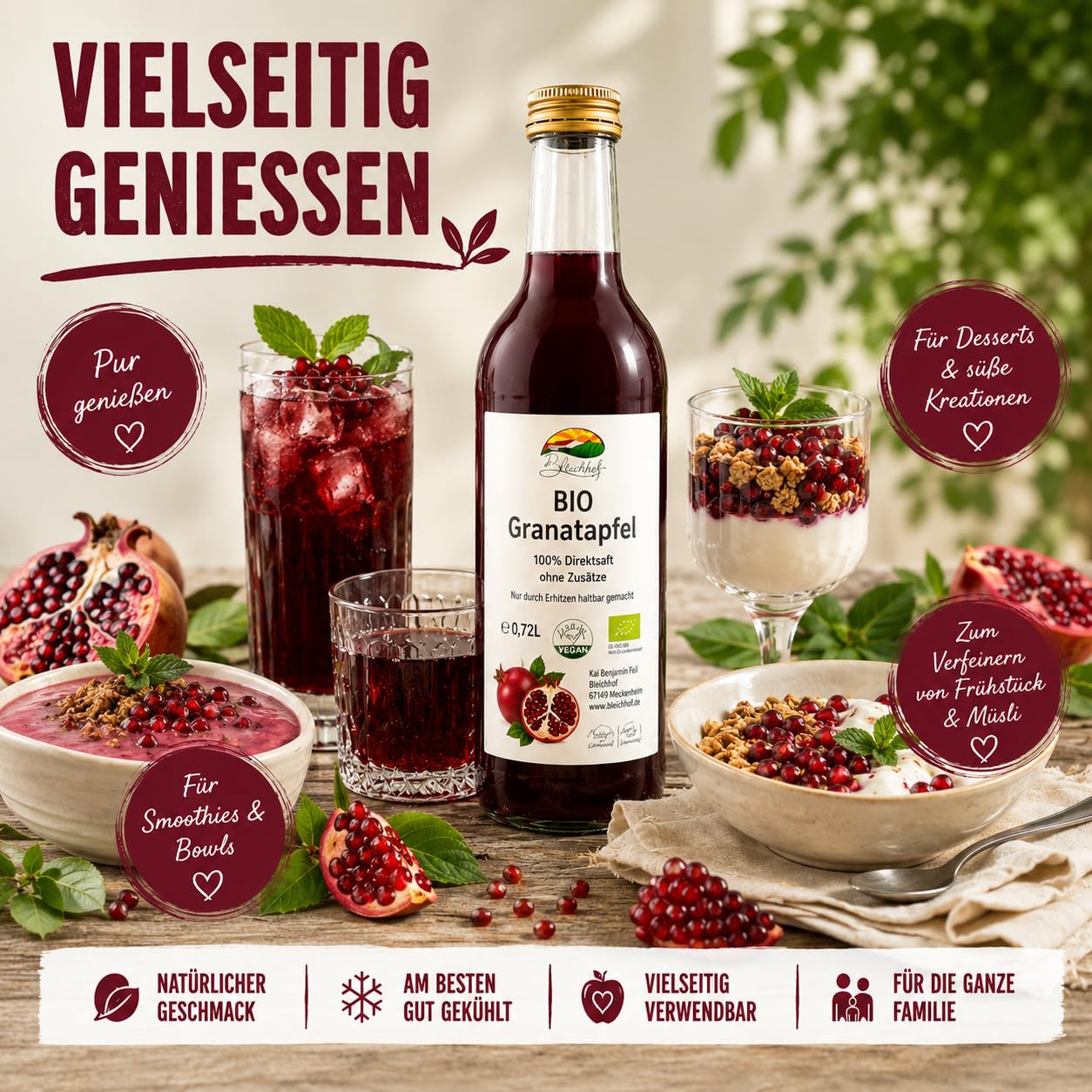 BLEICHHOF® Bio-Granatapfelsaft DE-ÖKO-006 -Direktsaft, vegan (12x0,72l)