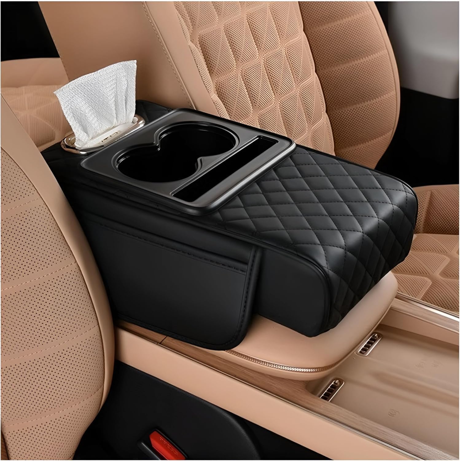 Priprilod Car Center Console Armrest Pillow, Leather Memory Foam Car Armrest Cushion with Cup Holder & Phone Holder, Universal Armrest Storage Box Protector for Most Vehicles (Black)