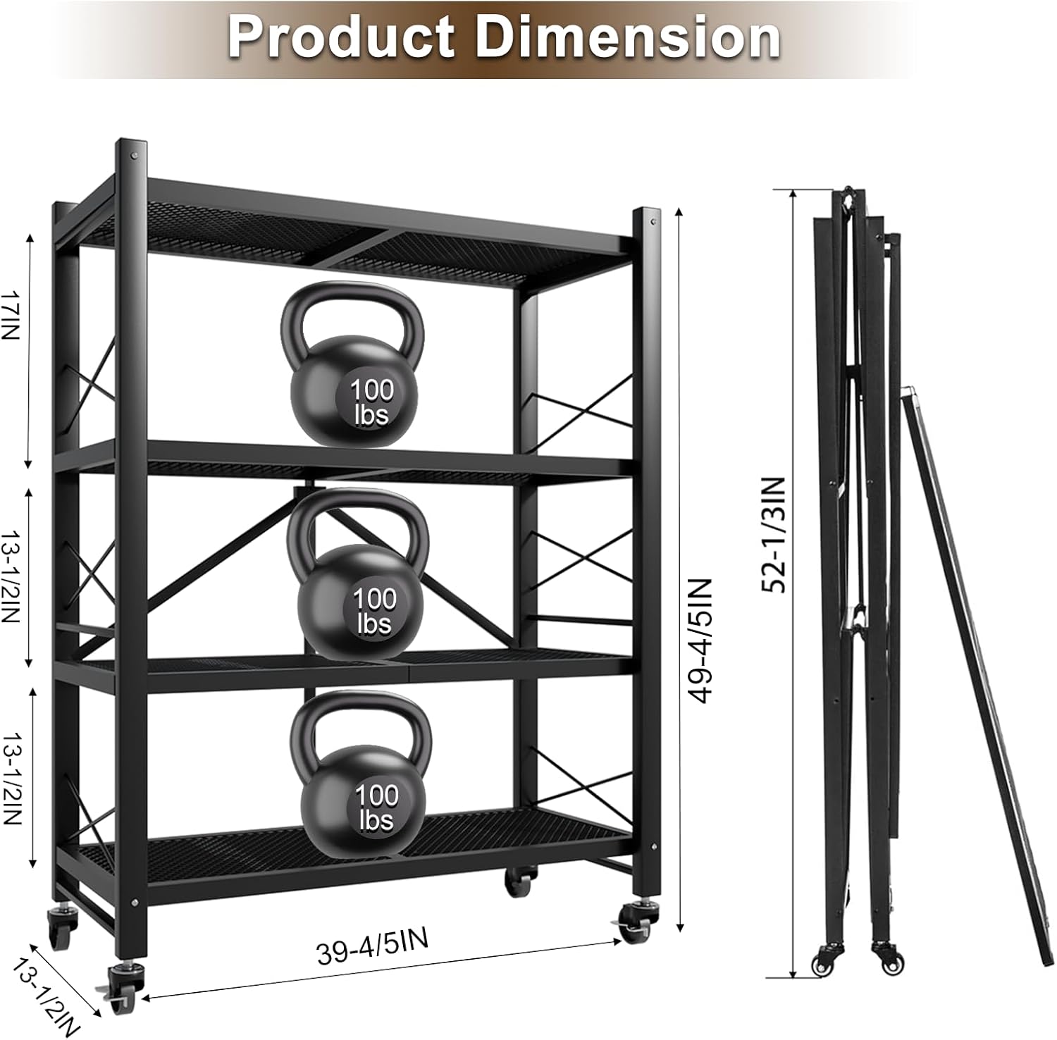 4 Tier Folding Shelf with Wheels, Heavy Duty Metal Storage Shelves, Collapsible Organization Rack for Garage, Kitchen, Pantry, Basement (39" Lx13 Wx49 H, 4-Tier)