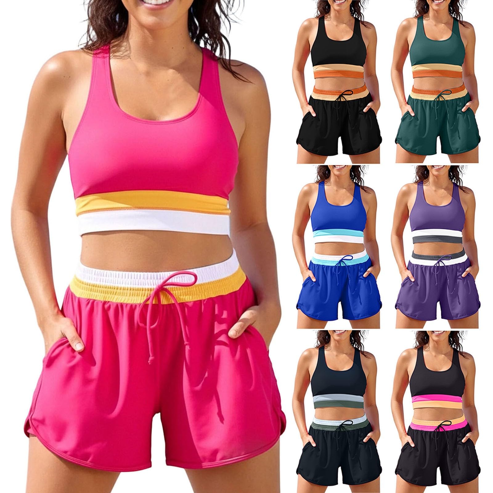 Badeanzug Damen Farbblock 2-Teiliger Bikini Set mit Kurzarm Badeshirt und Shorts Tanktop Leicht Schwimmenanzug Schnelltrocknend Strandanzug Atmungsaktiv Bademode
