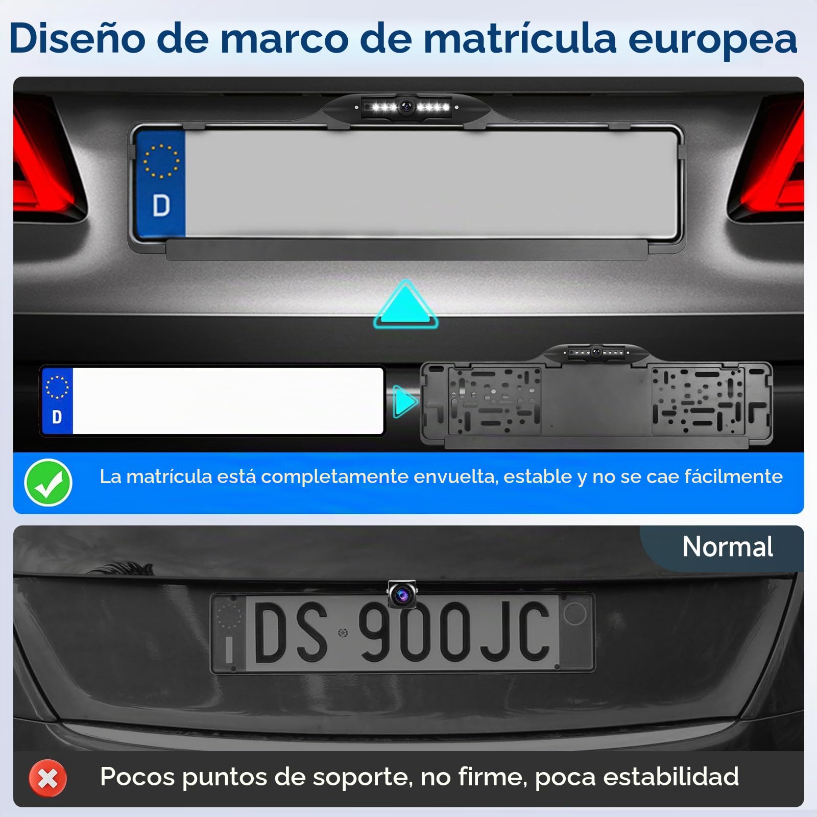 Hodozzy 1080P Placa de Matrícula con Cámara, Soporte de Matrícula para Coche Oporte de Matrícula con 150 ° Cámara Marcha Atrás Visión Nocturna Impermeable IP67 Amplio Ángulo de Visión Ajustable Cámara