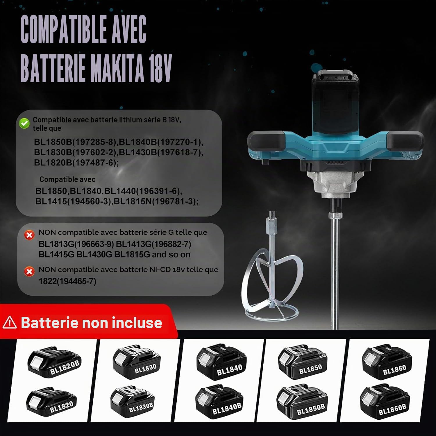 Malaxeur Mortier Compatible avec Batterie Makita, 3200 W batteur de mortier de couleur, max 680 tr/min, mélangeur électrique à palette avec 6 vitesses, 2 tiges mélangeurs (sans Batterie)